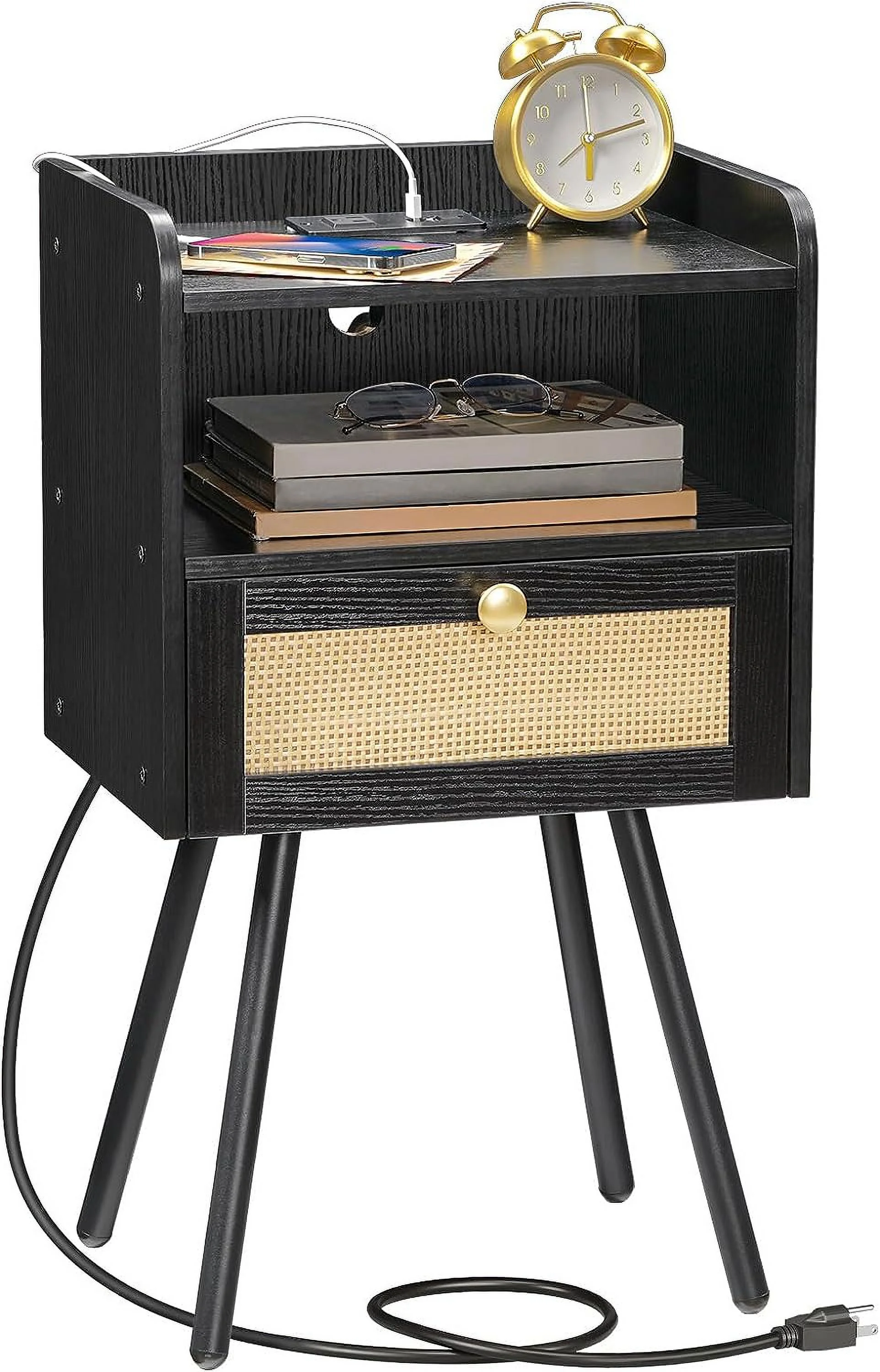 HOOBRO Set of 2 Nightstand Modern End Table Flip-Down Drawer Rattan Bedroom Office Study Room Black BB92UBZP201