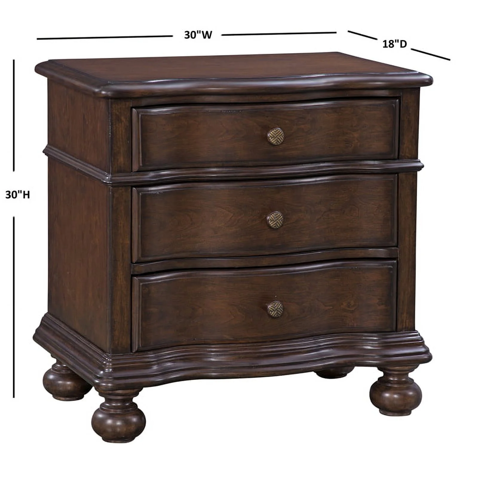 Rodanthe Tobacco Brown 3-Drawer Traditional Style Wood Nightstand