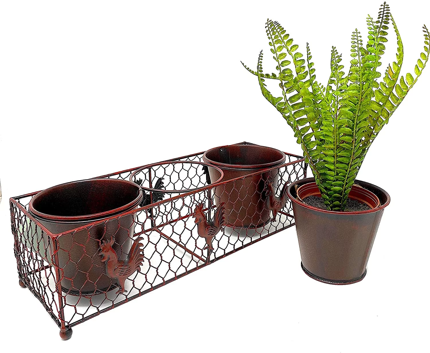 Rooster Planter Rustic Burgundy Decor 3 Metal Pots In Wire Basket Farmhouse Barnyard Inspired Indoor Outdoor 14