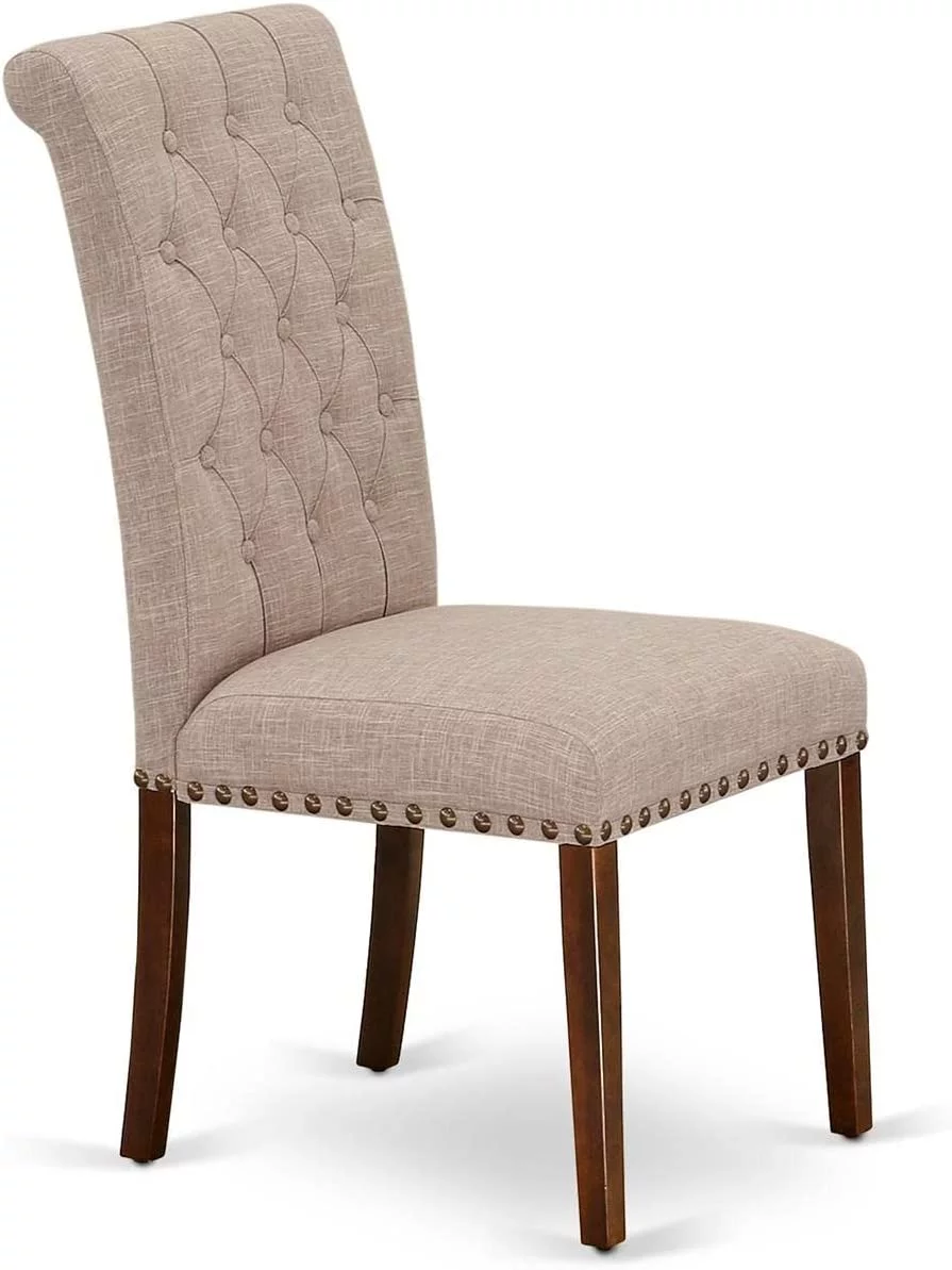 BRP3T04 Parson Dining Room Button Tufted Nailhead Trim Light Tan Linen Fabric Padded Chairs, Set Of 2, Mahogany