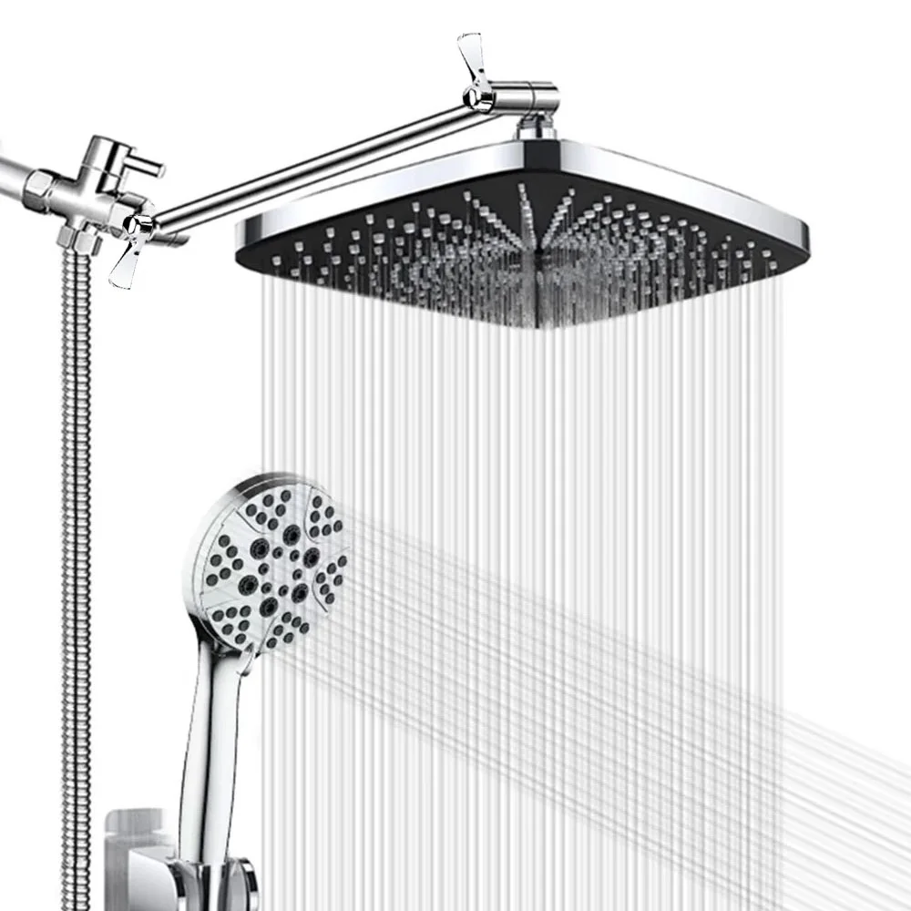 5-Setting High Pressure Shower Head 12 inch Rain Shower Head with Handheld and Hose Silver
