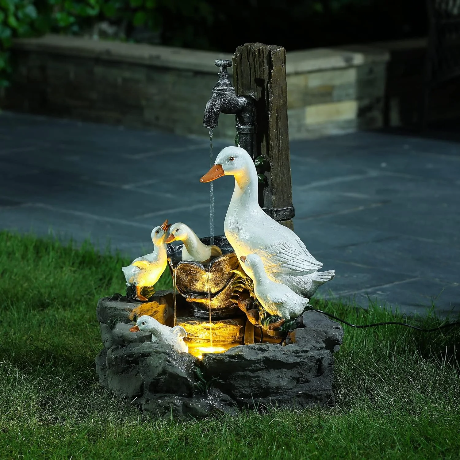 3 Tiered Resin Family Outdoor Fountain With LED Light, Waterfall Fountain Decor For Garden Patio Court Backyard Decking 24 Inch, Gray/White