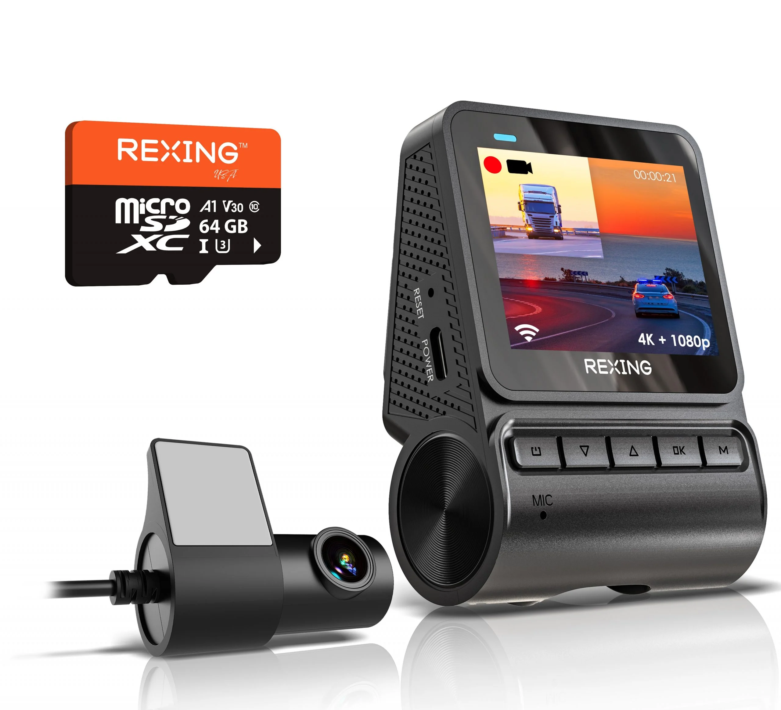 Rexing RH2 Dual Dash Cam – 4K Front and 1080p Rear Dash Camera with Wi-Fi, Optional GPS, and 64GB Card Included
