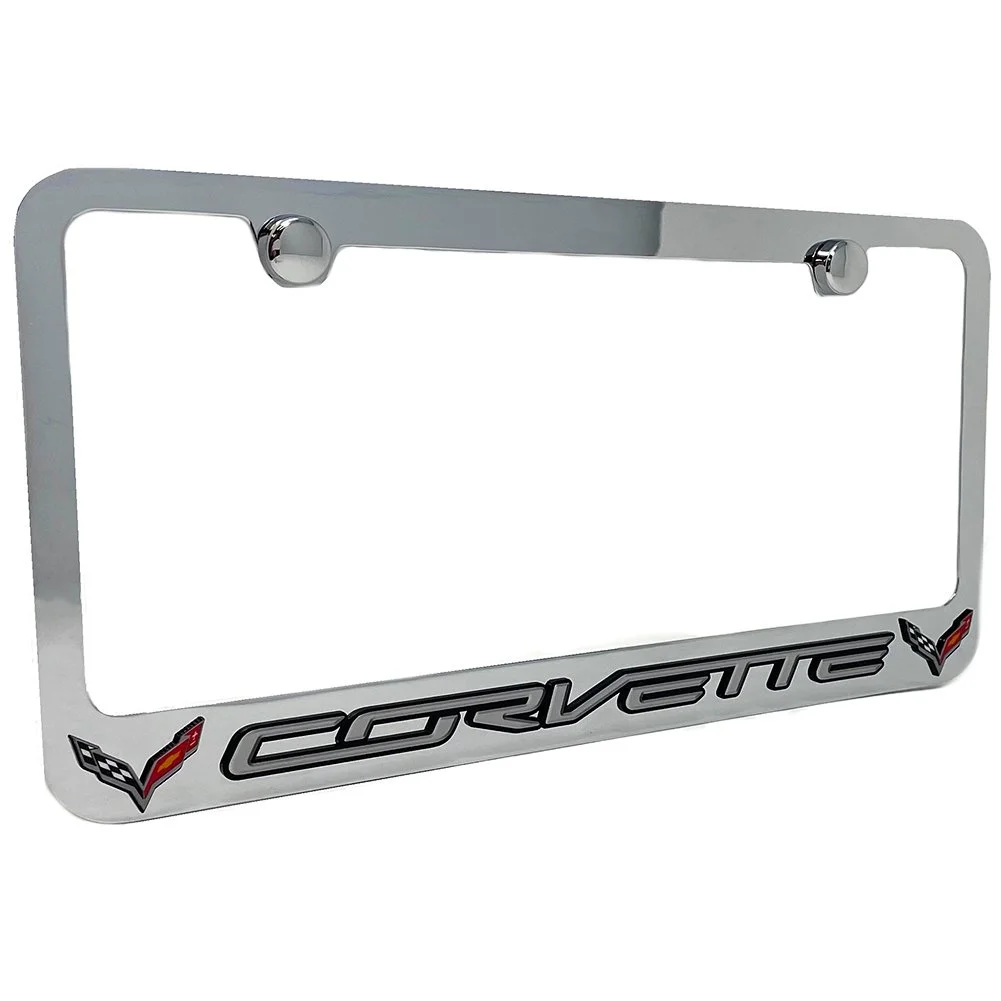 C7 Corvette License Plate Frame - Chrome with C7 Crossed Flags Logo