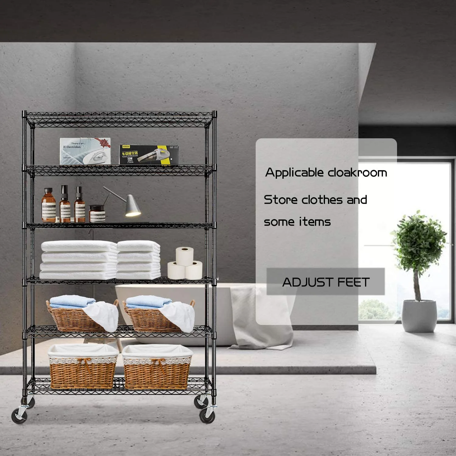 MQLIFEBOOM 6-Tier   Heavy Duty Wire Shelving Unit 76"x48"x18" Height Adjustable Metal Steel Wire with Casters for Restaurant Garage Pantry Kitchen Rack (Black)