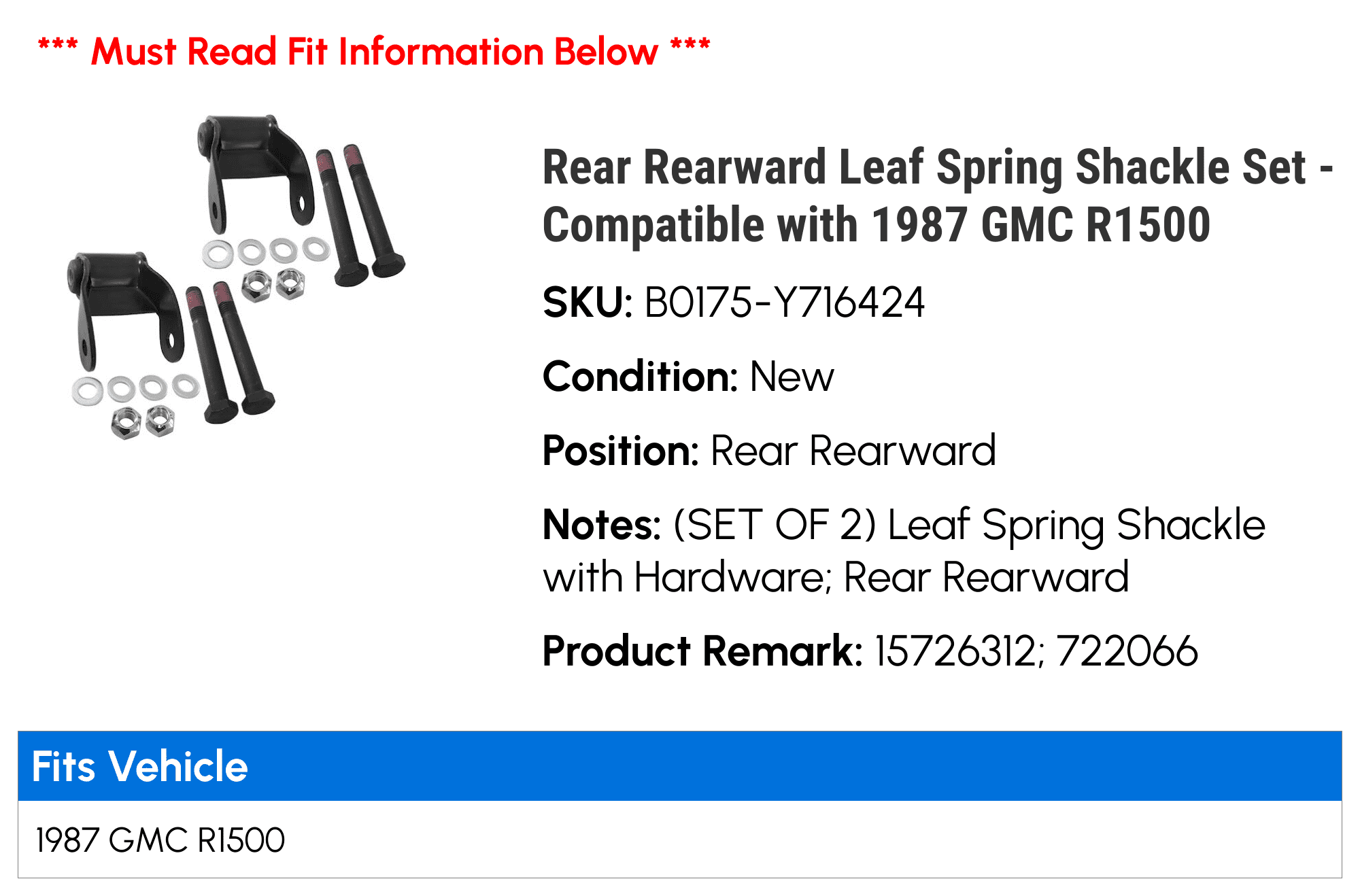 Rear Rearward Leaf Spring Shackle Set - Compatible with 1987 GMC R1500