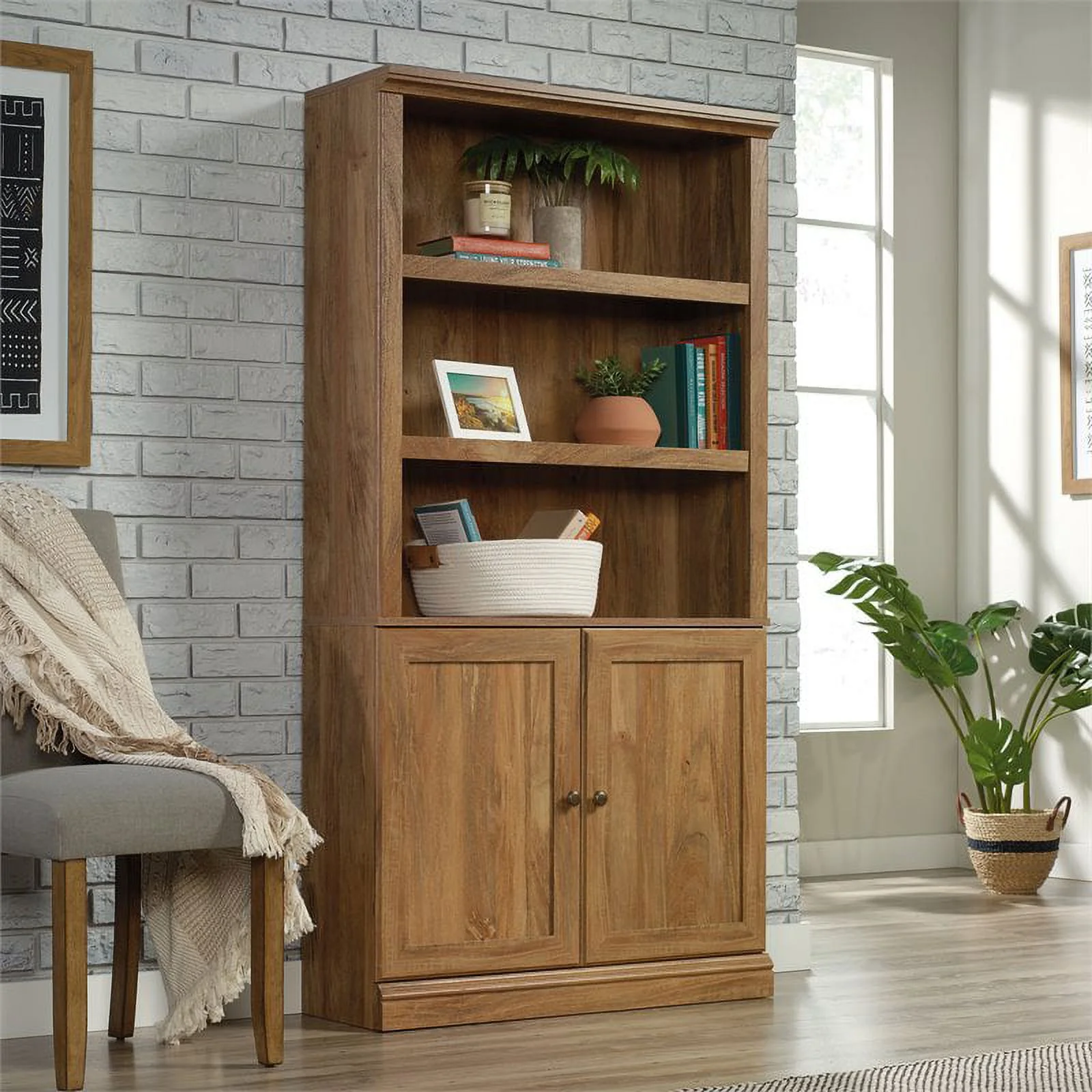 Pemberly Row Storage 3-Shelf 2-Door Tall Wood Bookcase in Sindoori Mango Beige