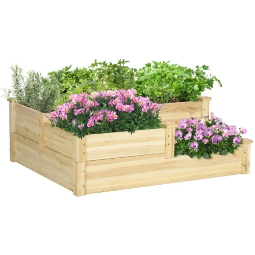 Buumin Outsunny 3 Tier Raised Garden Bed, Outdoor Planter Box, Wooden Garden Box with Open Bottom for Growing Vegetables, Herbs, Flowers, 42.5