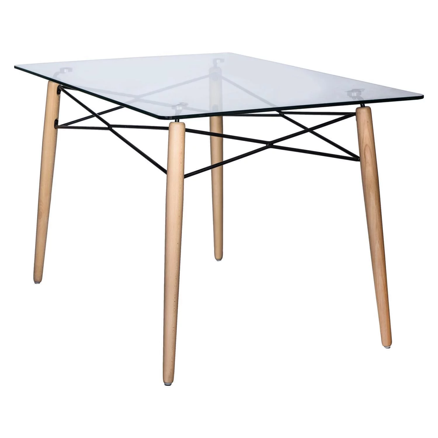 HomeStock Nordic Haven 4Ft Rectangle Glass Top Dining Table with Natural Wood Eiffel Base