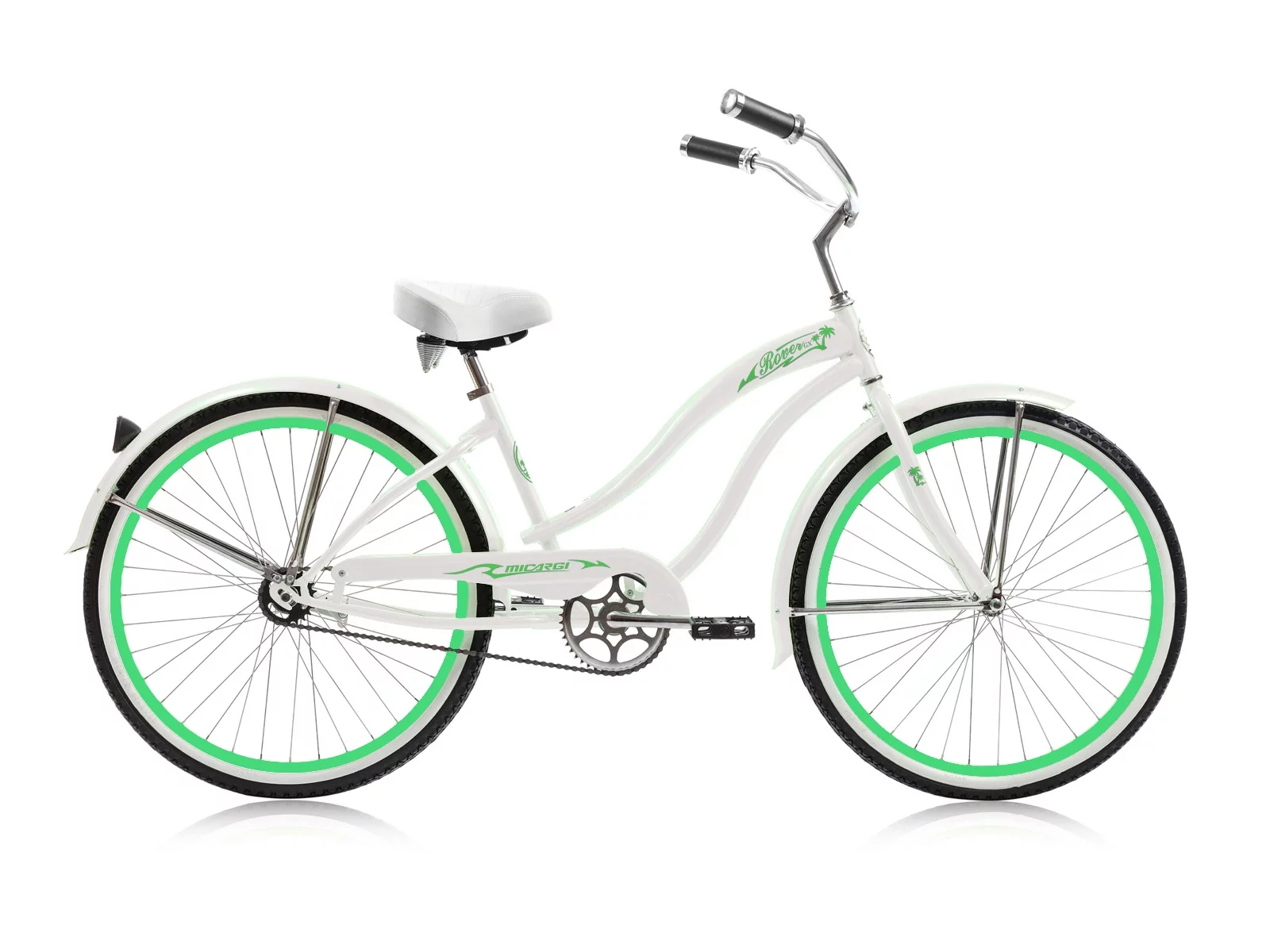 Wonder Wheels 26 In. Beach Cruiser Coaster Brake Single Speed Bicycle, Bike, Stainless Steel Spokes One Piece Crank Alloy Rims 36 H With Fenders - White