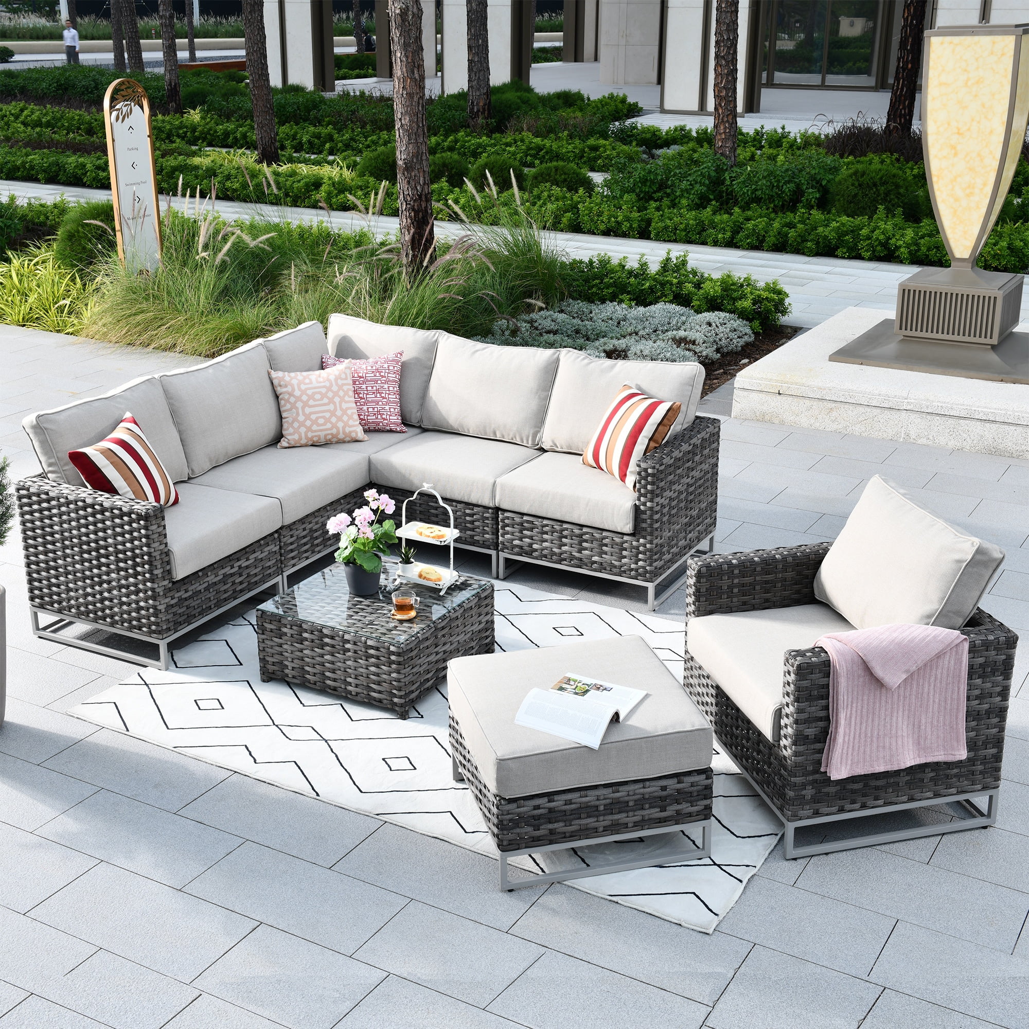 OVIOS  Patio Furniture Deep Seat Wicker Metal Frame 8-piece Set with Cushions with Table Grey/Black Wicker
