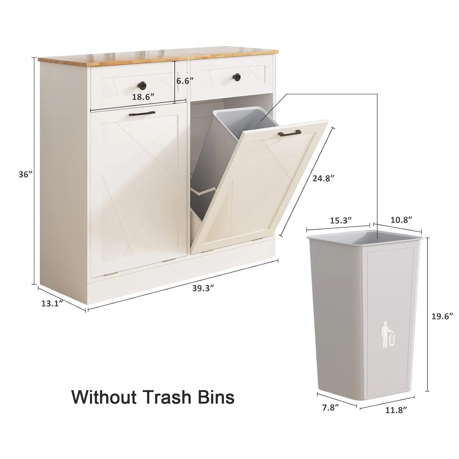 Trash Cabinet Double Trash Can, Dog Proof Tilt Out Trash Bin Holder, Hideaway Free Standing Recycling Cabinet with 2 Drawers for Kitchen Living Room White