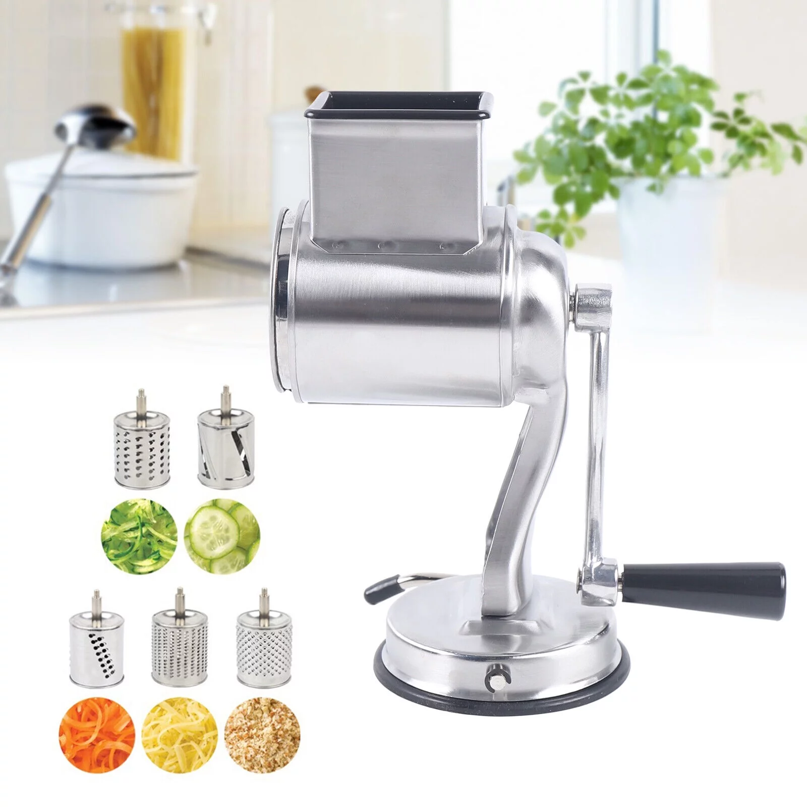Miumaeov Stainless Steel Food Grater Vegetable Chopper Rotary Drum Slicer Shredder Grinder with 5 Blades