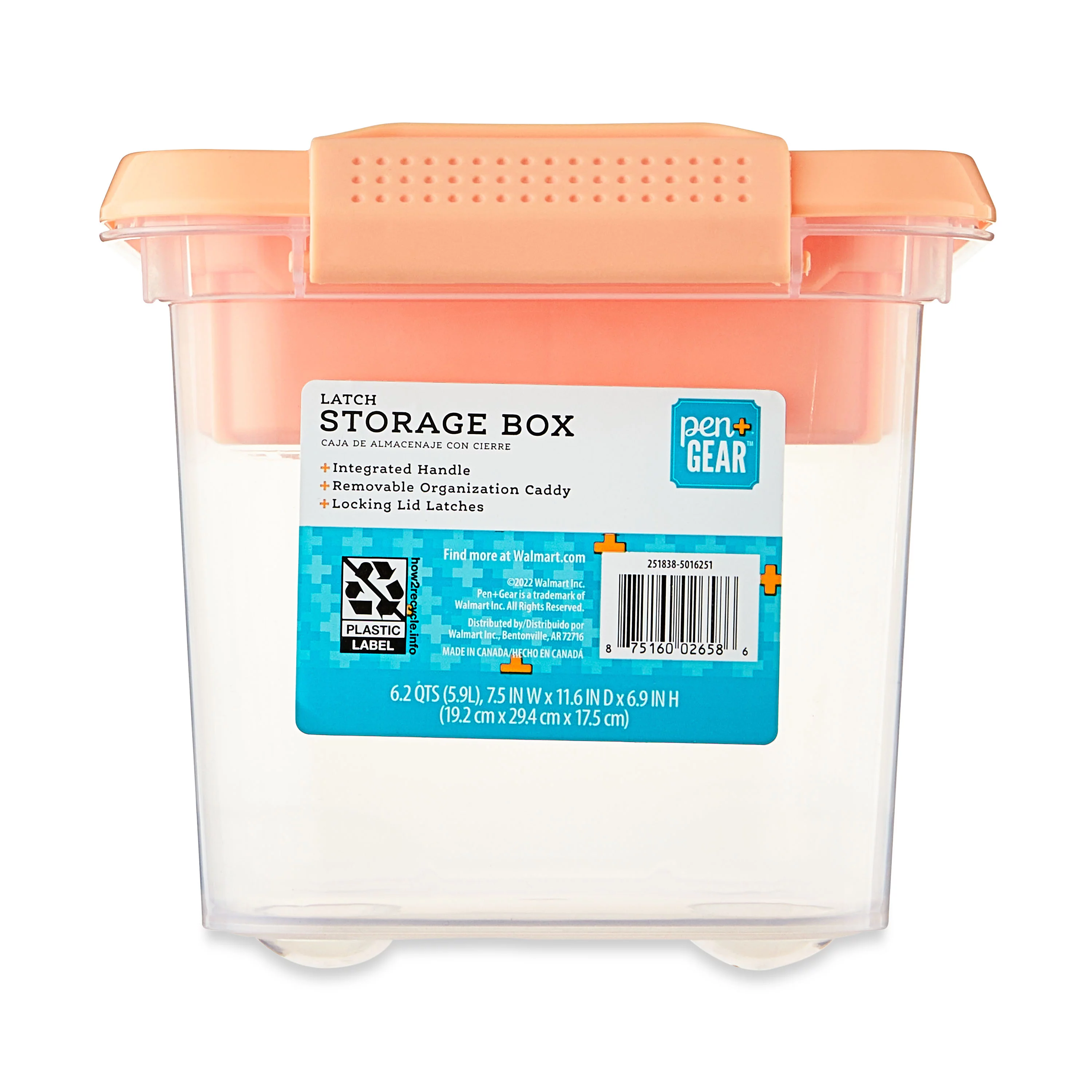 Pen + Gear 6.2-Quart Plastic Latch Storage Box File Organizer, Icy Peach