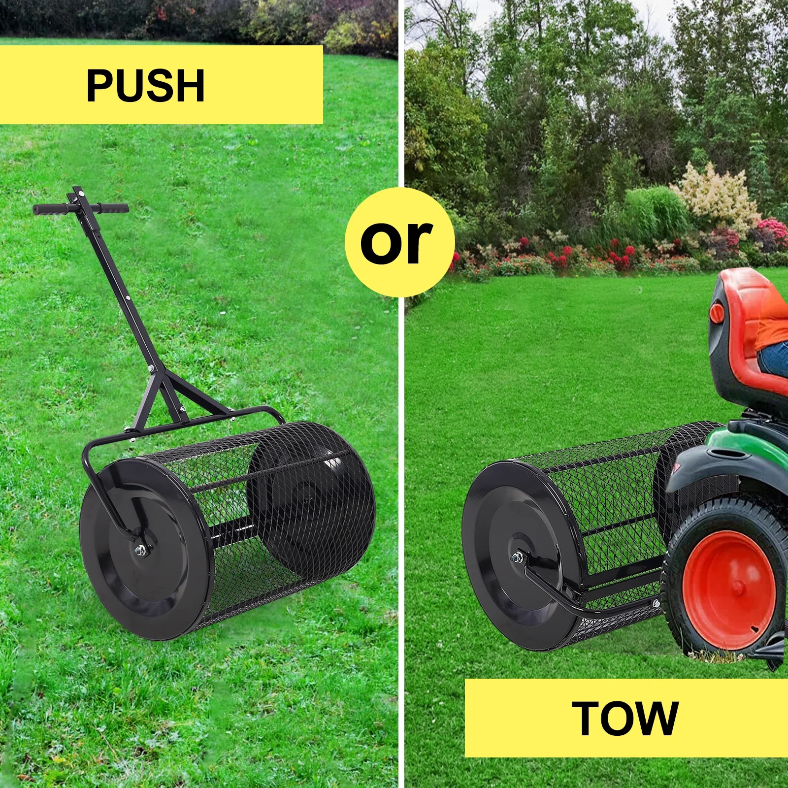 Peat Moss Spreader 36inch,Compost Spreader Metal Mesh,2 in 1 ATV and T shaped Handle for planting seeding,Lawn and Garden Care Manure Spreaders Roller