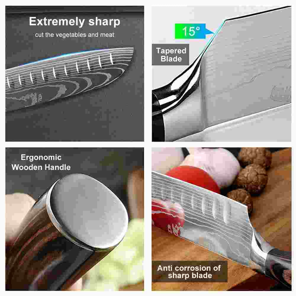 7 Inch Santoku Knife Stainless Steel Non-Slip Sheath and Handle Black