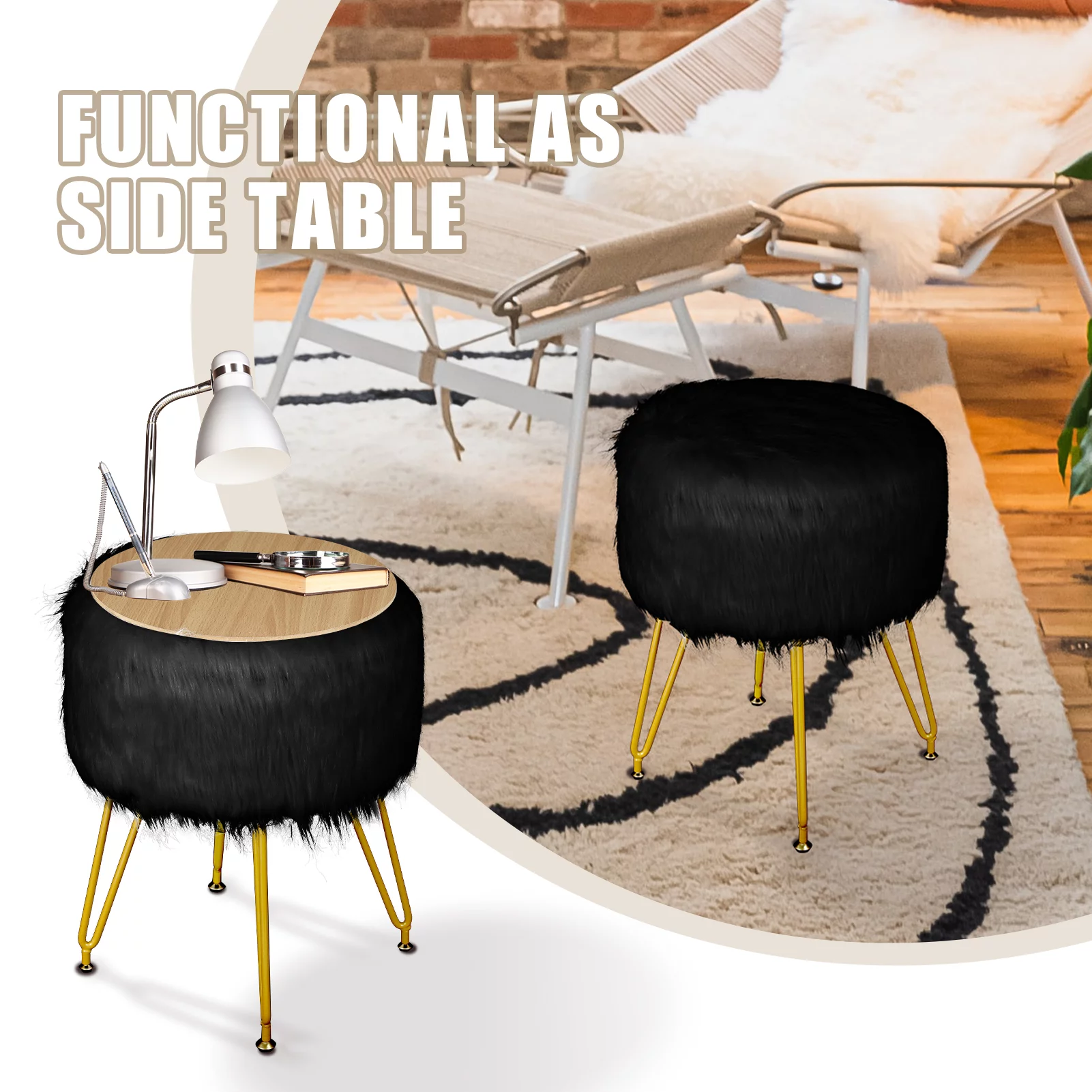 Ecomex Faux Fur Round Storage Ottoman, Vanity Stool Chair with Storage, Black