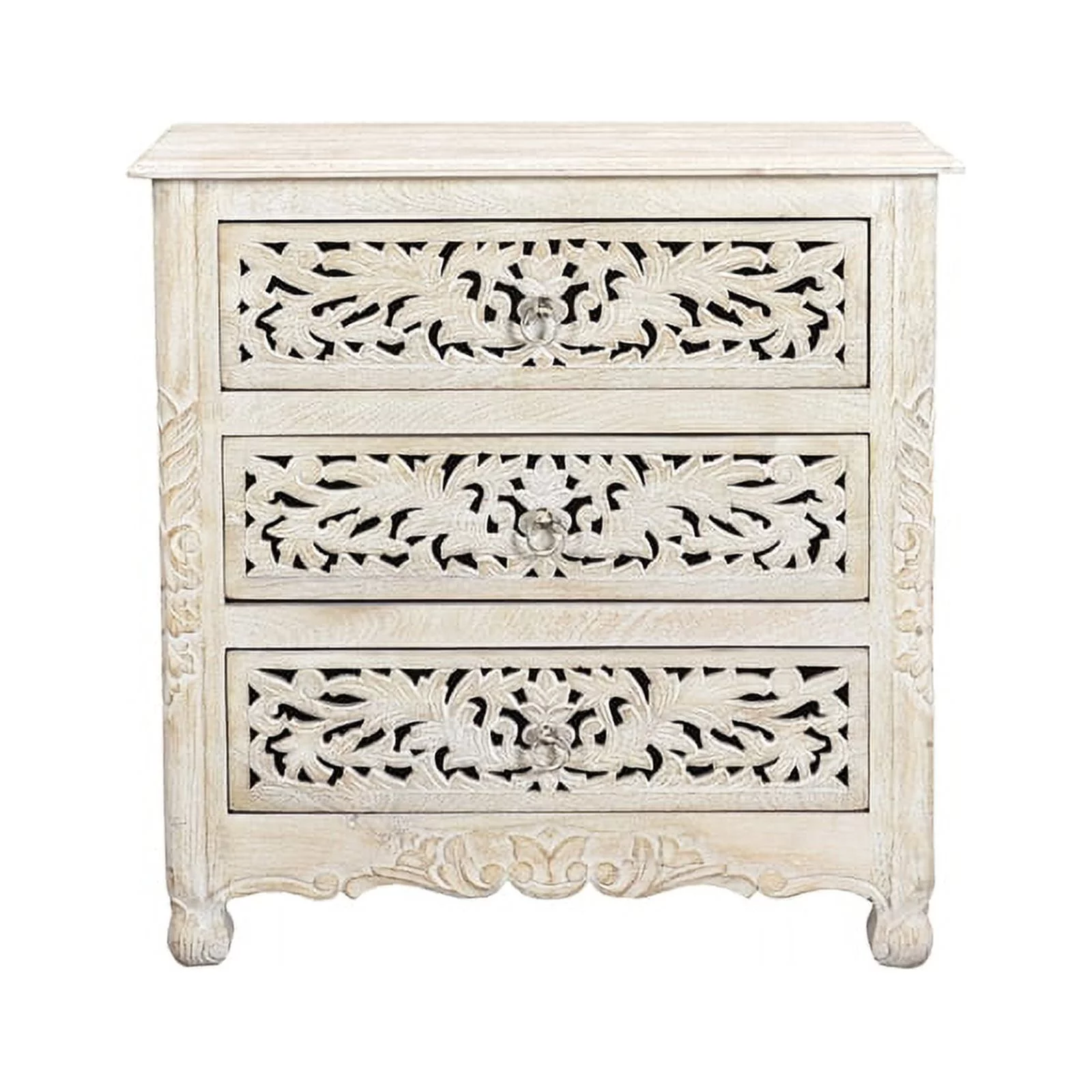 Taran Designs Monte 3-drawer Floral Carved Solid Wood Nightstand in White