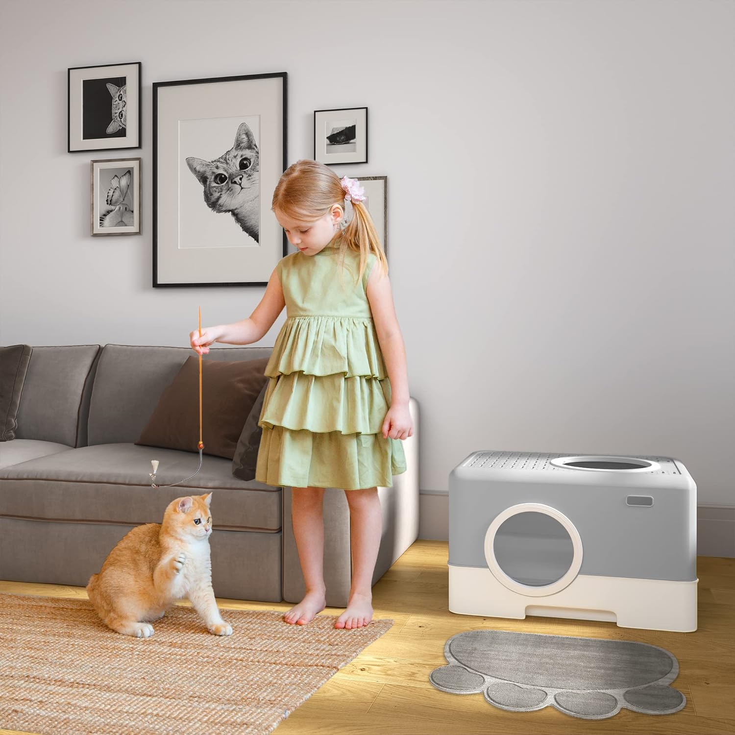 Large Enclosed Cat Litter Box with Lid Cover, Hooded Odorless Anti-Splashing Cat Toilet with Drawer Litter Scoop Front Entry Top Exit Door, Easy to Install and Clean