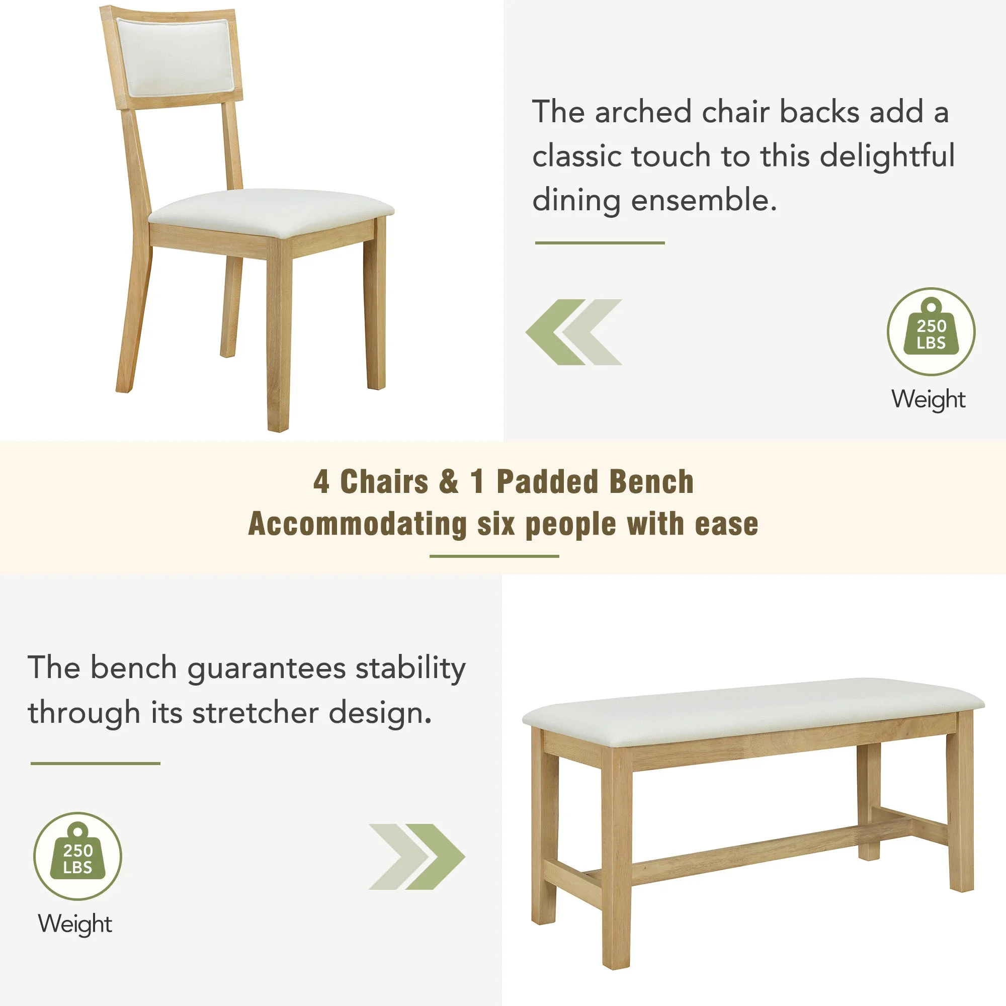 CoSoTower Farmhouse 6-Piece Trestle Dining Table Set with Upholstered Dining Chairs and Bench, 59Inch, Brown