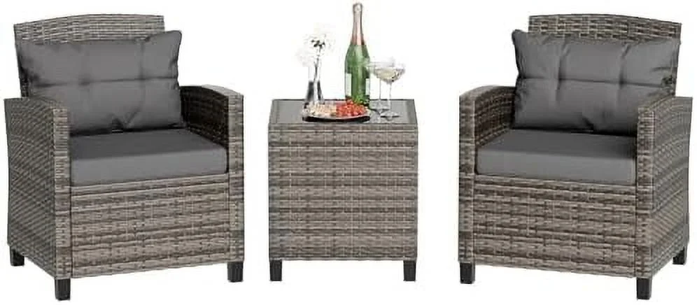 CKPFVY 3 Pieces Wicker Patio  Set Outdoor  Wicker Chairs Conversation Set Small Patio  for Apartment Balcony Bistro  Gray