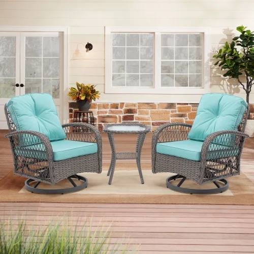 3 Pieces Outdoor Swivel Rocker Patio Chairs, 360 Degree Rocking Patio Conversation Set with Thickened Cushions and Glass Coffee Table for Backyard, Blue