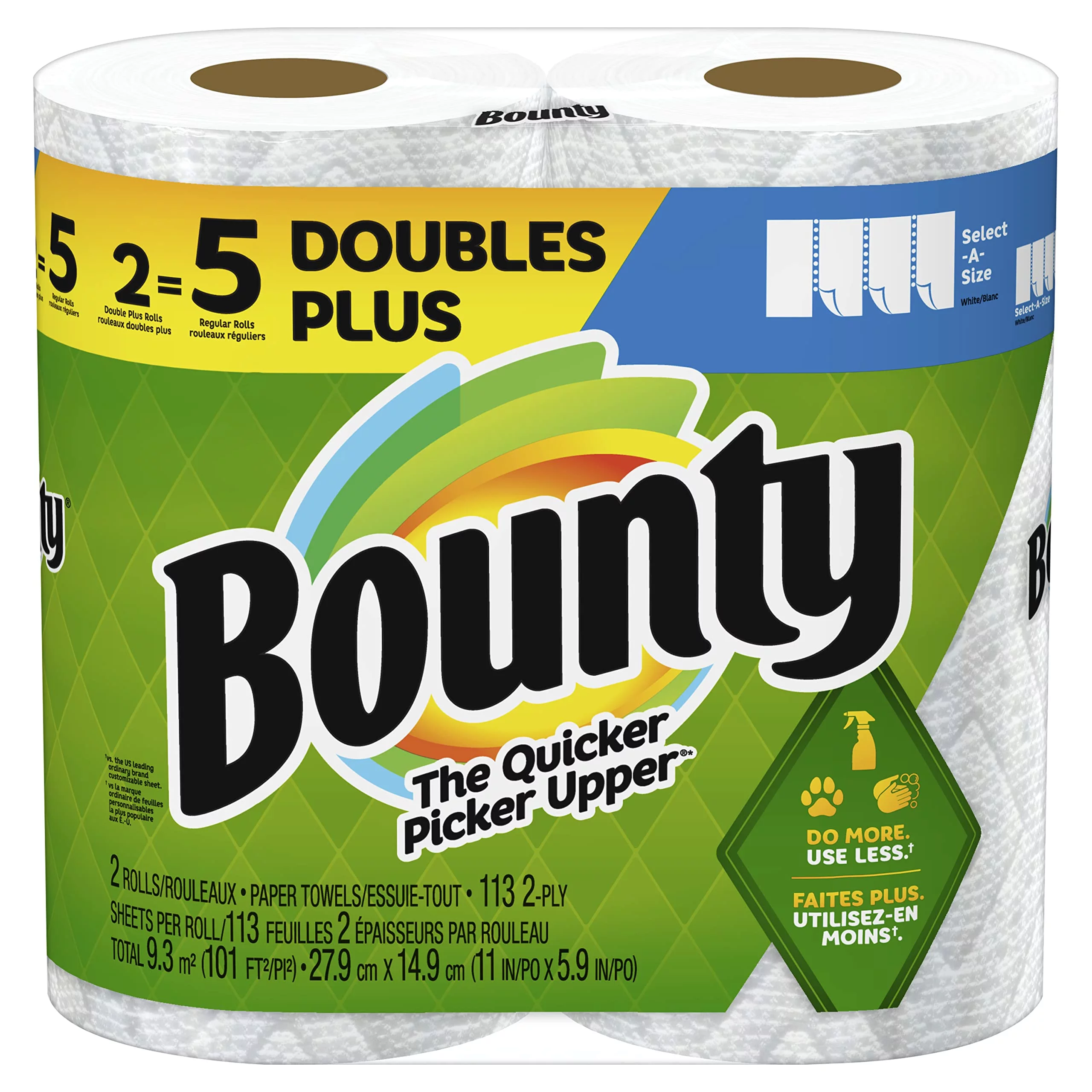 Bounty Select-A-Size Paper Towels, 2 Double Plus Rolls, White, 2 Double Plus Rolls = 5 Regular Rolls