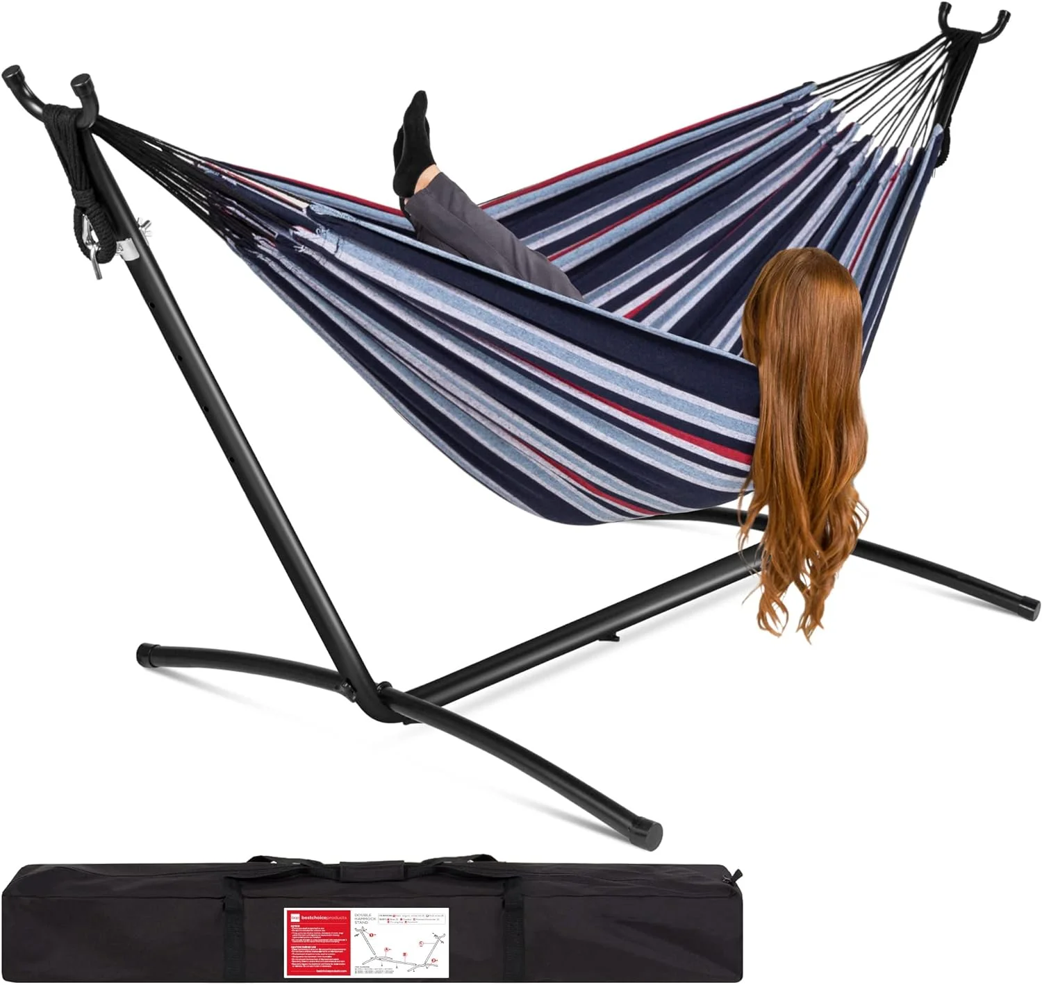 U-SHARE Double Hammock with Steel Stand, Indoor Outdoor Brazilian-Style Cotton Bed w/Carrying Bag, 2-Person Capacity