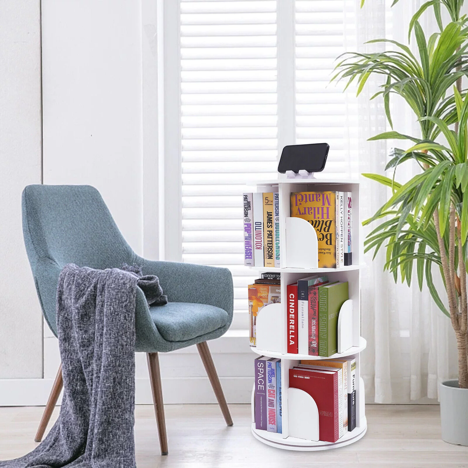 Miumaeov 3-Tier Rotating Bookshelf White Small Corner Bookshelf 360° Display Floor Standing Bookcase Storage Rack Stackable for Home Bedroom Living Room Office