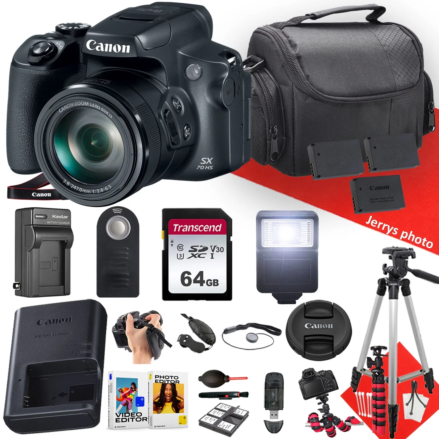 Canon PowerShot SX70 HS Digital Camera + 64GB Memory + 2PC Extra Battery + Extra Charger + Remote Control + Slave Flash + Tripod + More (23pc Bundle)