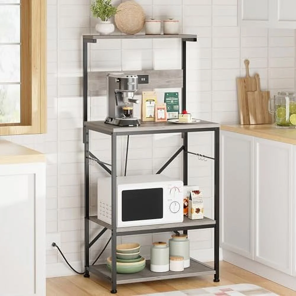 MQLIFEBOOM Kitchen Bakers Rack with Power Outlet  Coffee  Cabinet  Kitchen Cart  Large Microwave Stands Cart with 6 S-Shaped Hooks  Wine Glass Holder and Basket (35.43''  Rustic B
