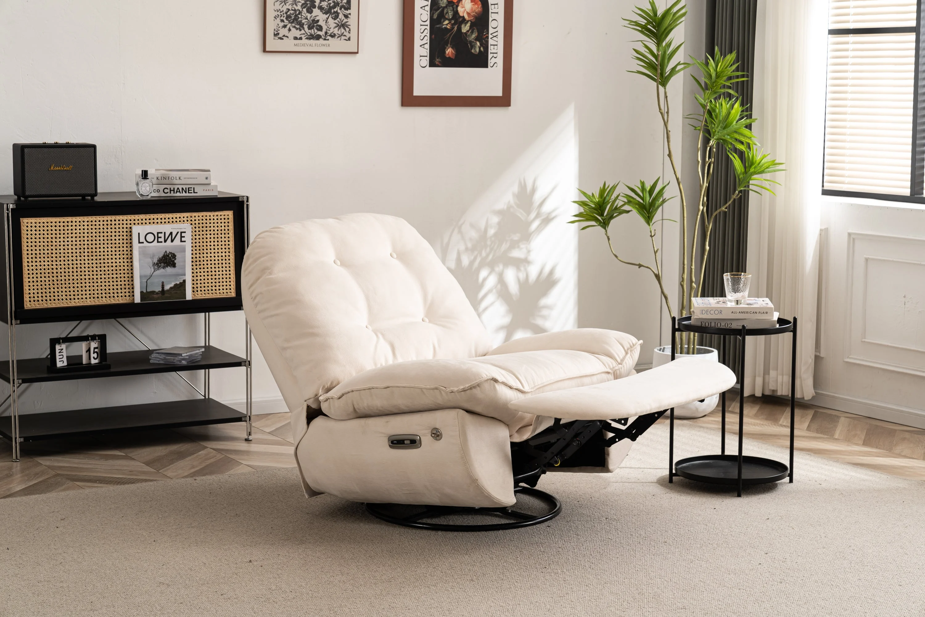 Clara Power Linen Recliner Swivel Glider USB Charger with Bluetooth  - Cream
