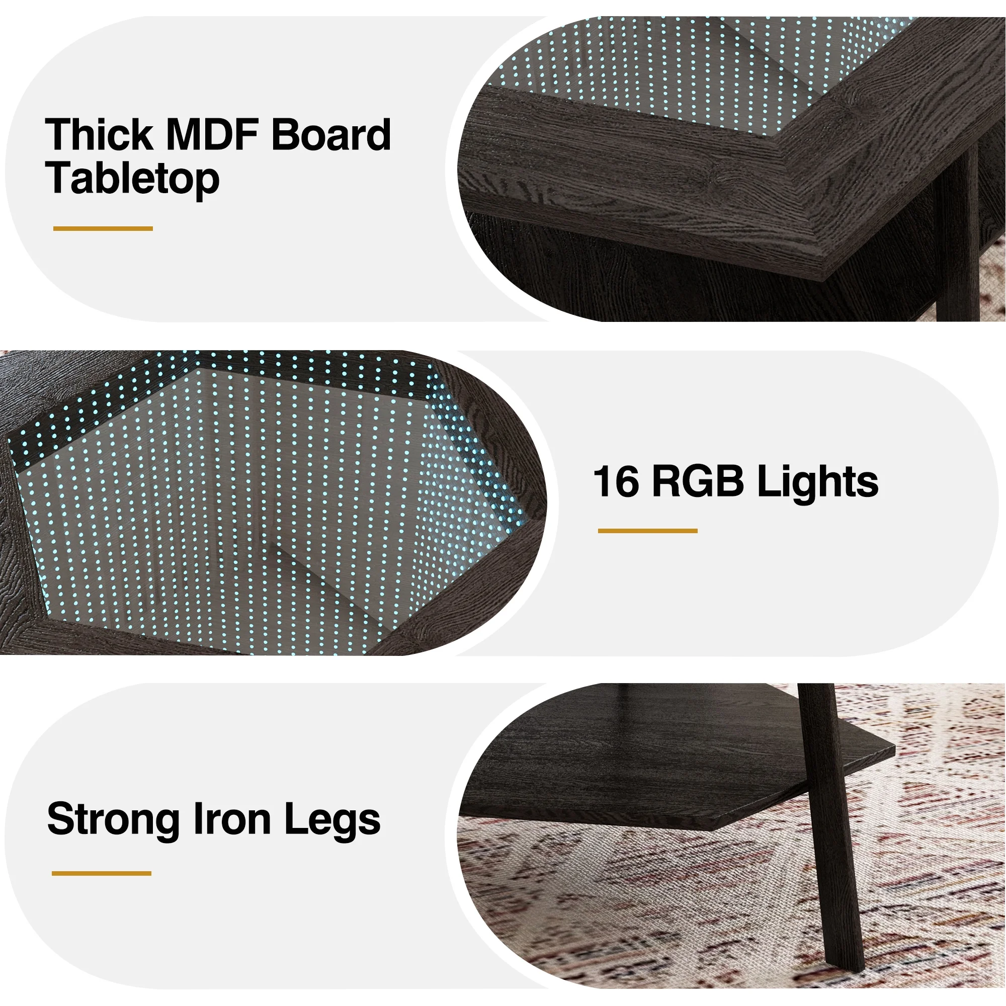 Modern Hexagon Smart Coffee Table with Voice-Activated LED Lights, Bluetooth - Living Room, Reception Room