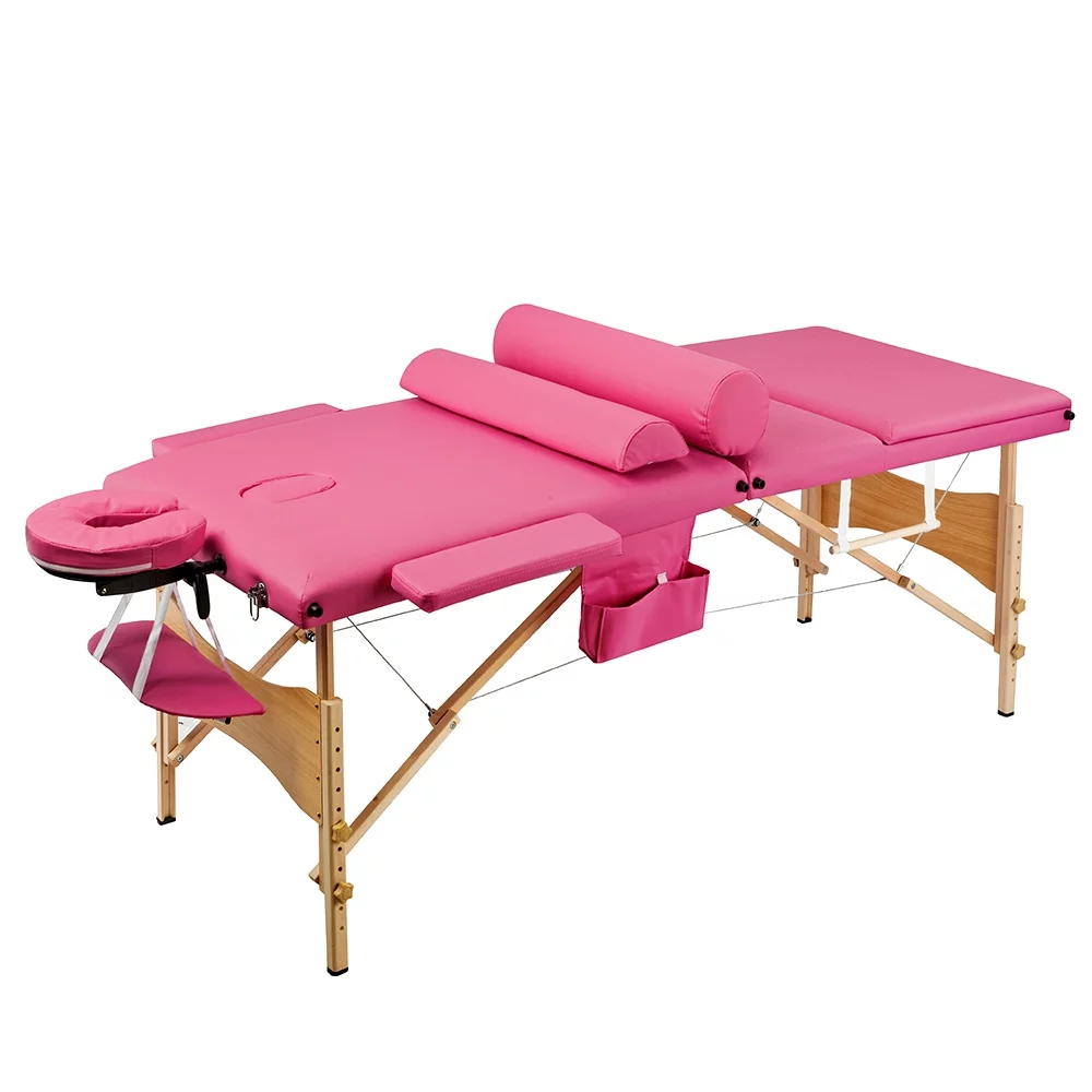 SalonMore Professional Massage Table Bed Portable Facial SPA Bed 3 Fold Wooden Frame Pink