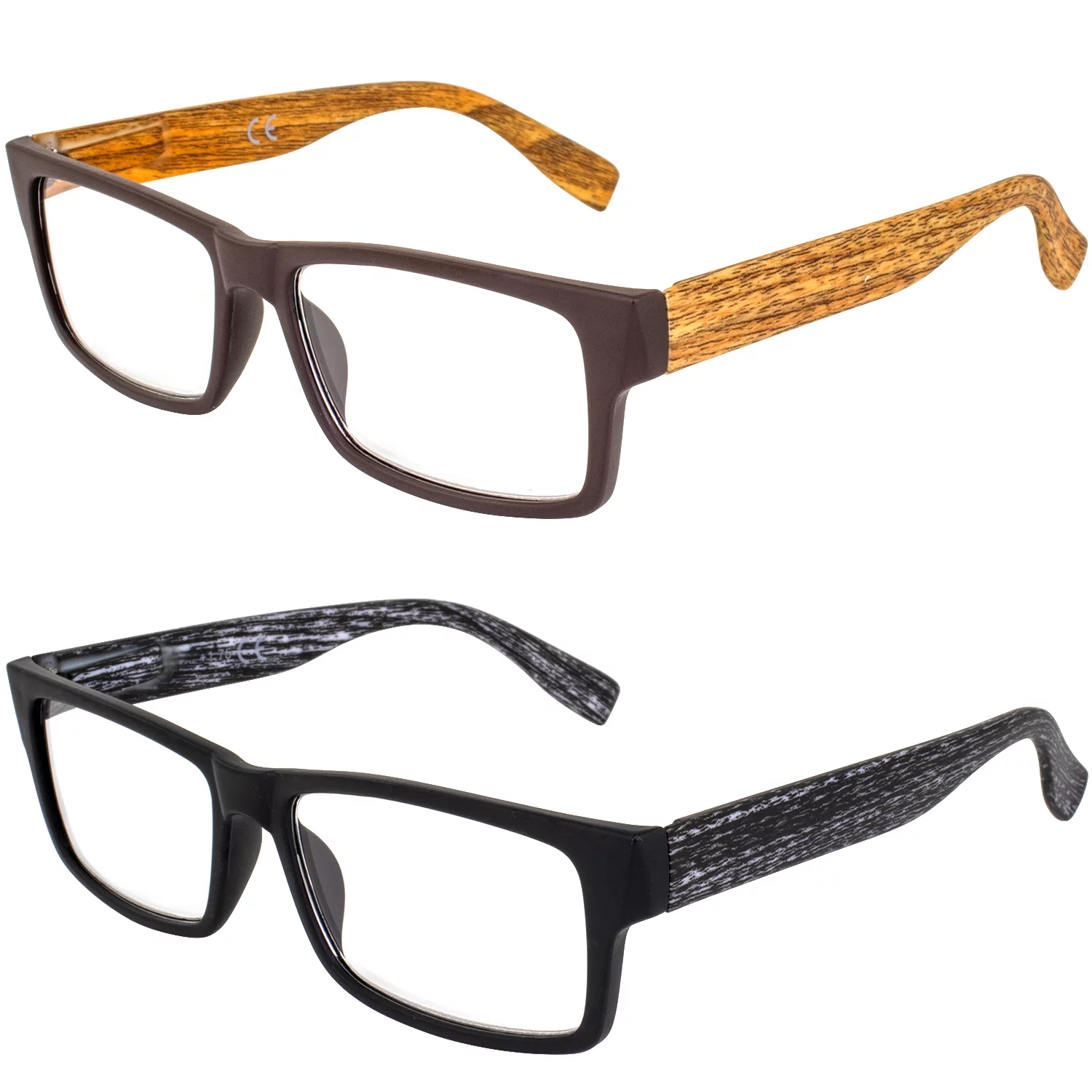 2 Pairs of Global Vision Wood Premium Reader Glasses Polycarbonate Frame Simulated Woodgrain Temple Acrylic Clear Reading Lenses +3.0 Magnification Reading Glasses for Men Women Black & Brown Frames