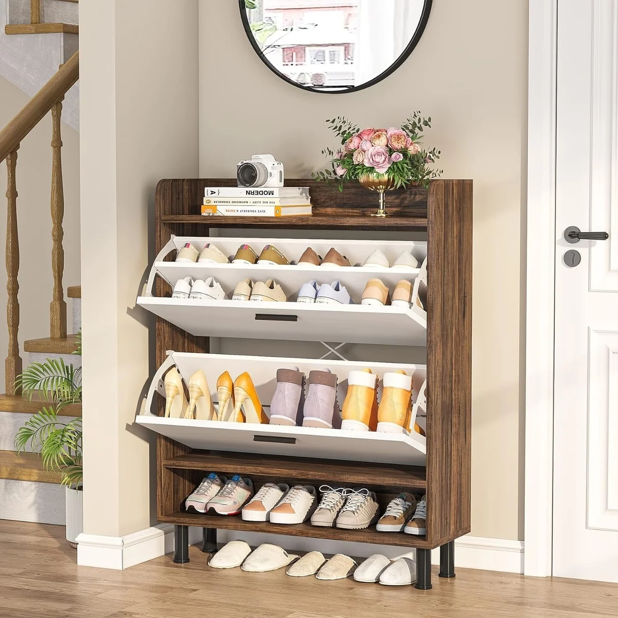 Shoe Cabinet 2-Tier Shoe Storage Cabinet with Flip Doors Vintage Entryway Shoe Organizer Rack with Open Shelves