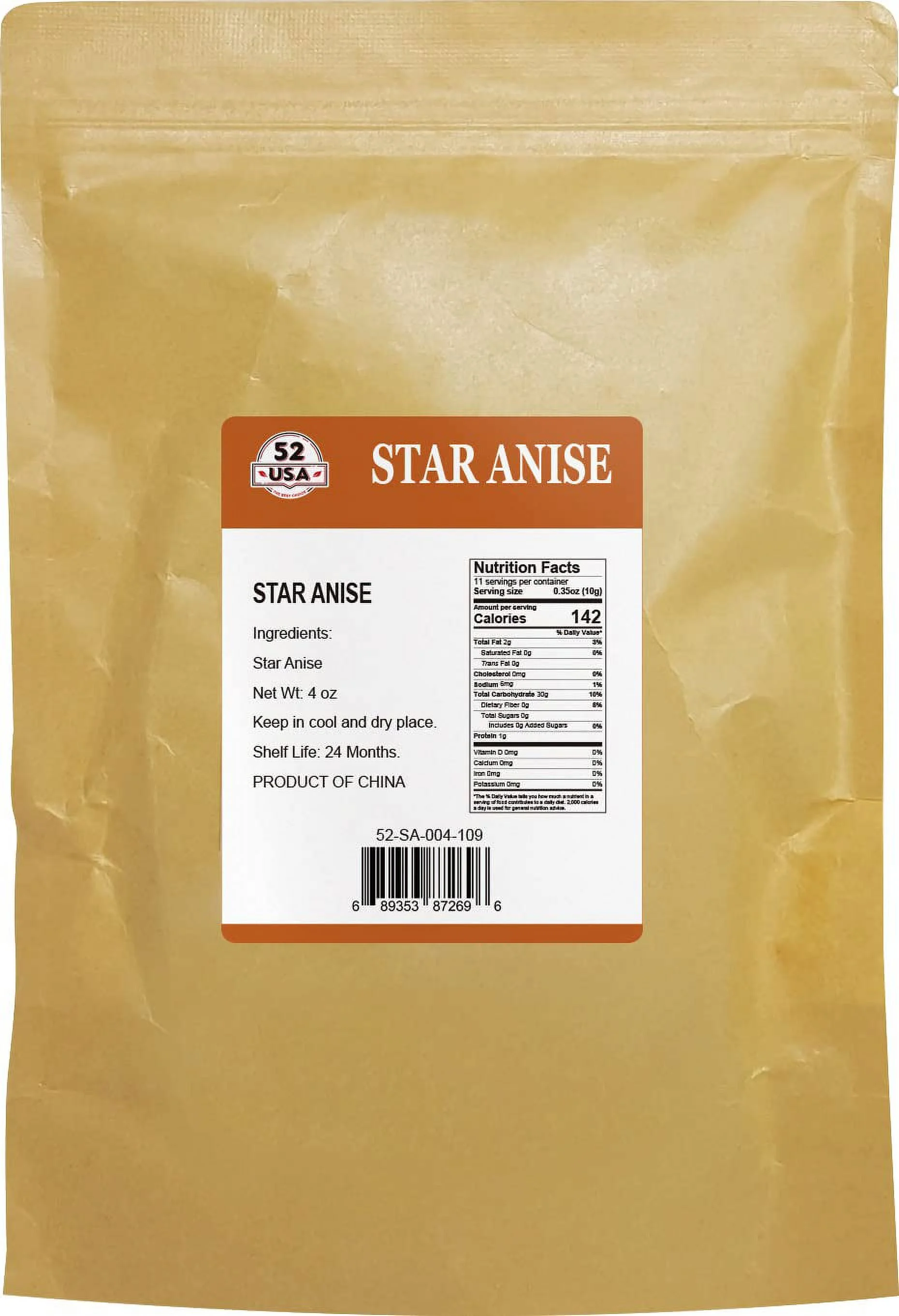 52USA Star Anise, 4oz, NON-GMO Verified Whole Chinese Star Anise Pods, Dried Anise Star Spice (Regular 4 Ounce)