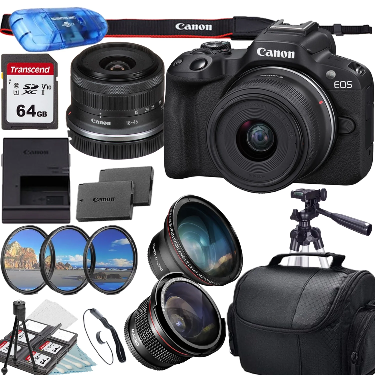 Canon EOS R100 Mirrorless Camera with 18-45mm Lens + Tripod + Camera Bag + Accessory Bundle