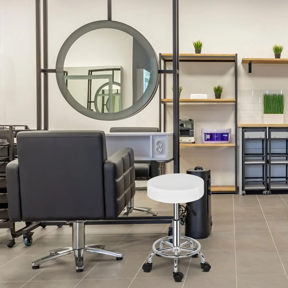 OmySalon Adjustable Salon Chair Stool with 360-Degree Rolling Wheel White