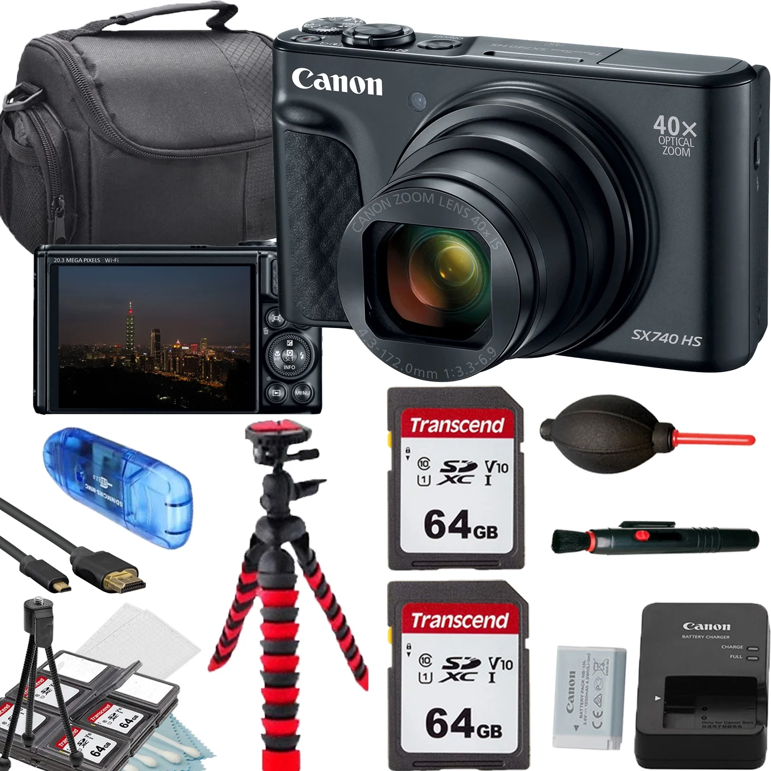 Canon PowerShot SX740 HS Digital Camera (Black)+2x64GB Memory Card+Camera Shoulder Bag+Flex SpiderTripod+Deluxe Accessory Bundle
