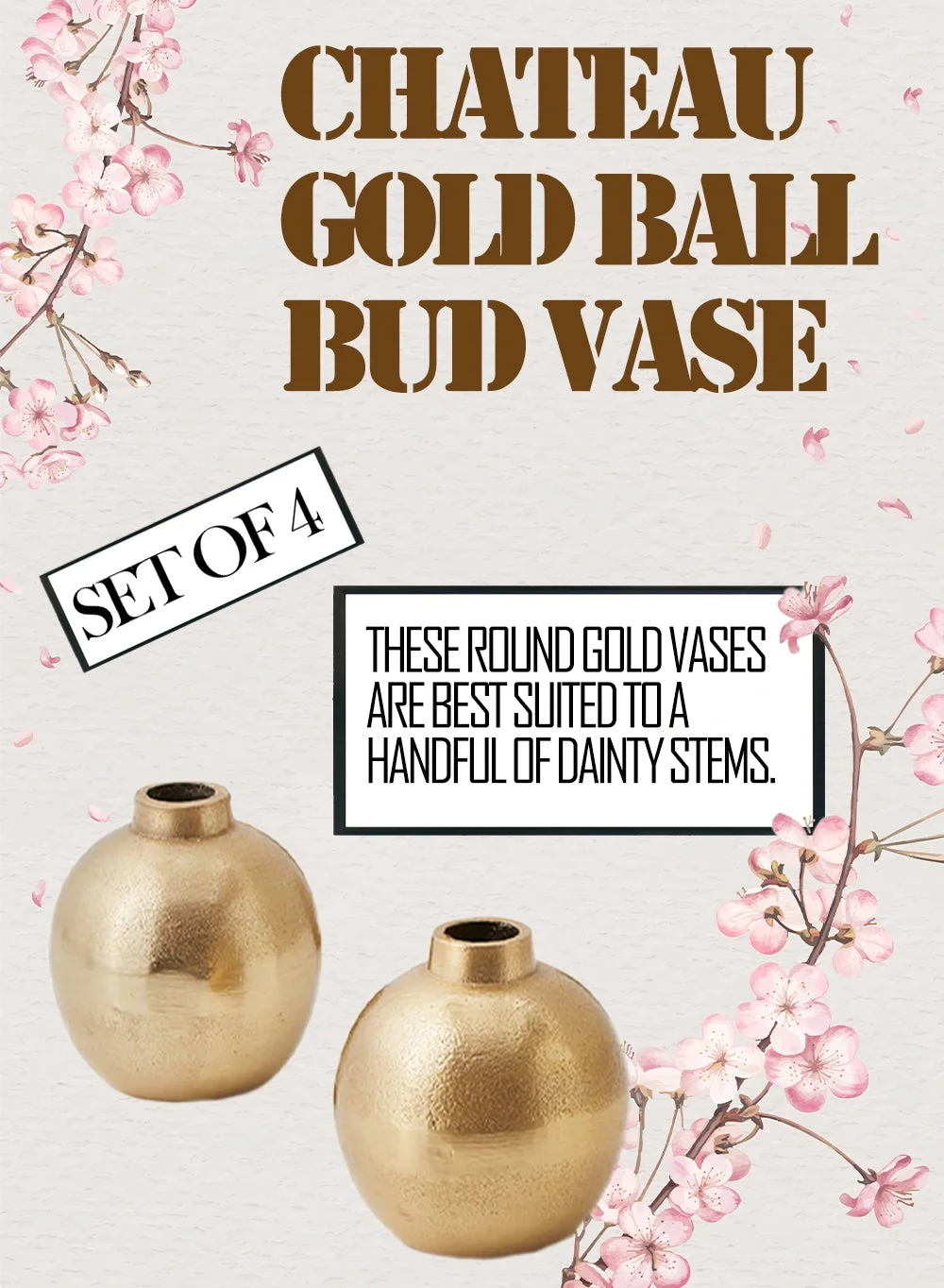 Serene Spaces Living Gold Floral Ball Bud Vase, Centerpieces at Weddings, Thanksgiving, Set of 24