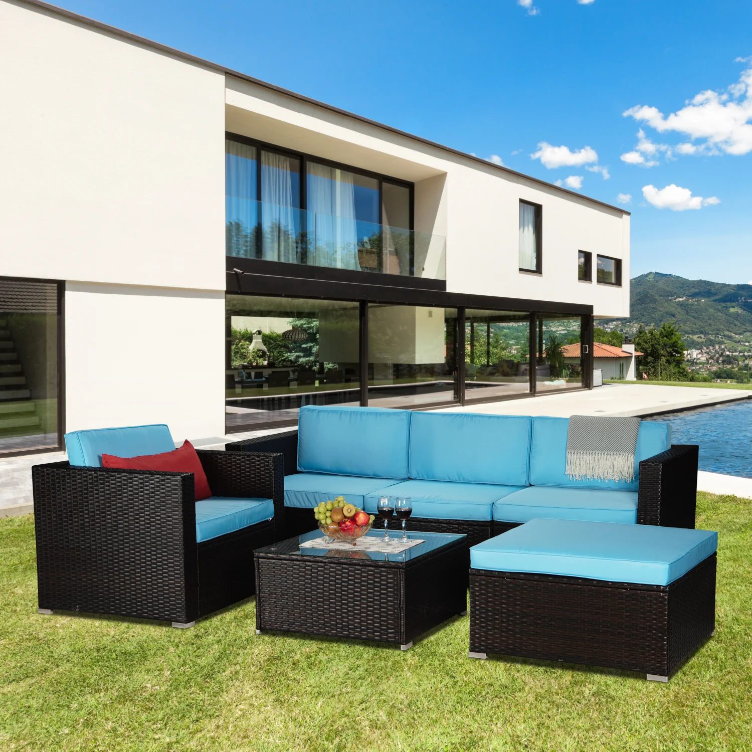 Holaki Outdoor Garden Patio Furniture 6-Piece Brown PE Rattan Wicker Sectional Blue Cushioned Sofa Sets with 1 Red Pillow