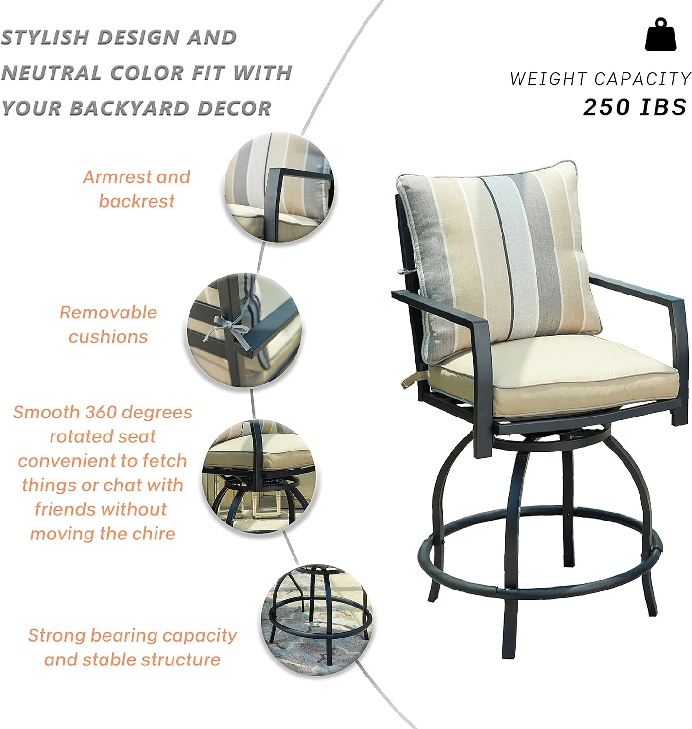 Patio Stools Outdoor Swivel Bar Height Chairs Set Of 2, Set, Beige