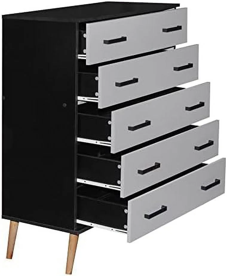 HBBOOMLIFE Eli Mid-Century Modern 5 Drawer Chest Dark Gray & Oak