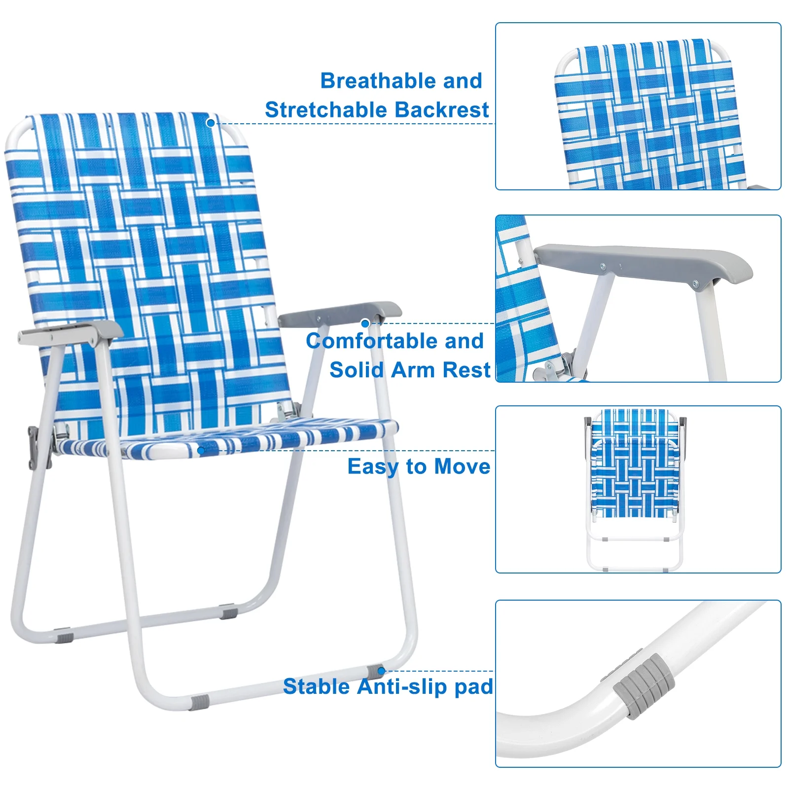 Patio Lawn Folding Beach Chairs Set of 2 Blue & White Strip