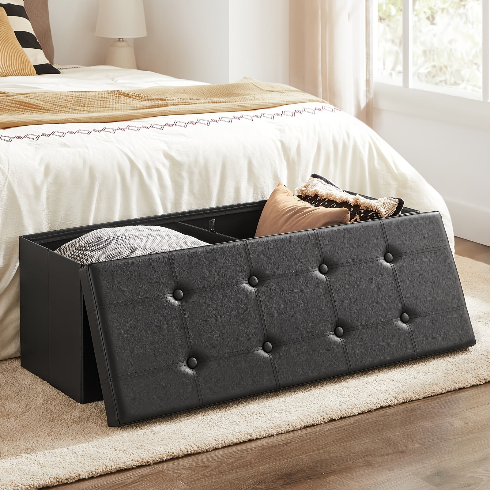 SONGMICS 43 Inches Folding Storage Ottoman Bench, Storage Chest, Footrest, Coffee Table, Padded Seat