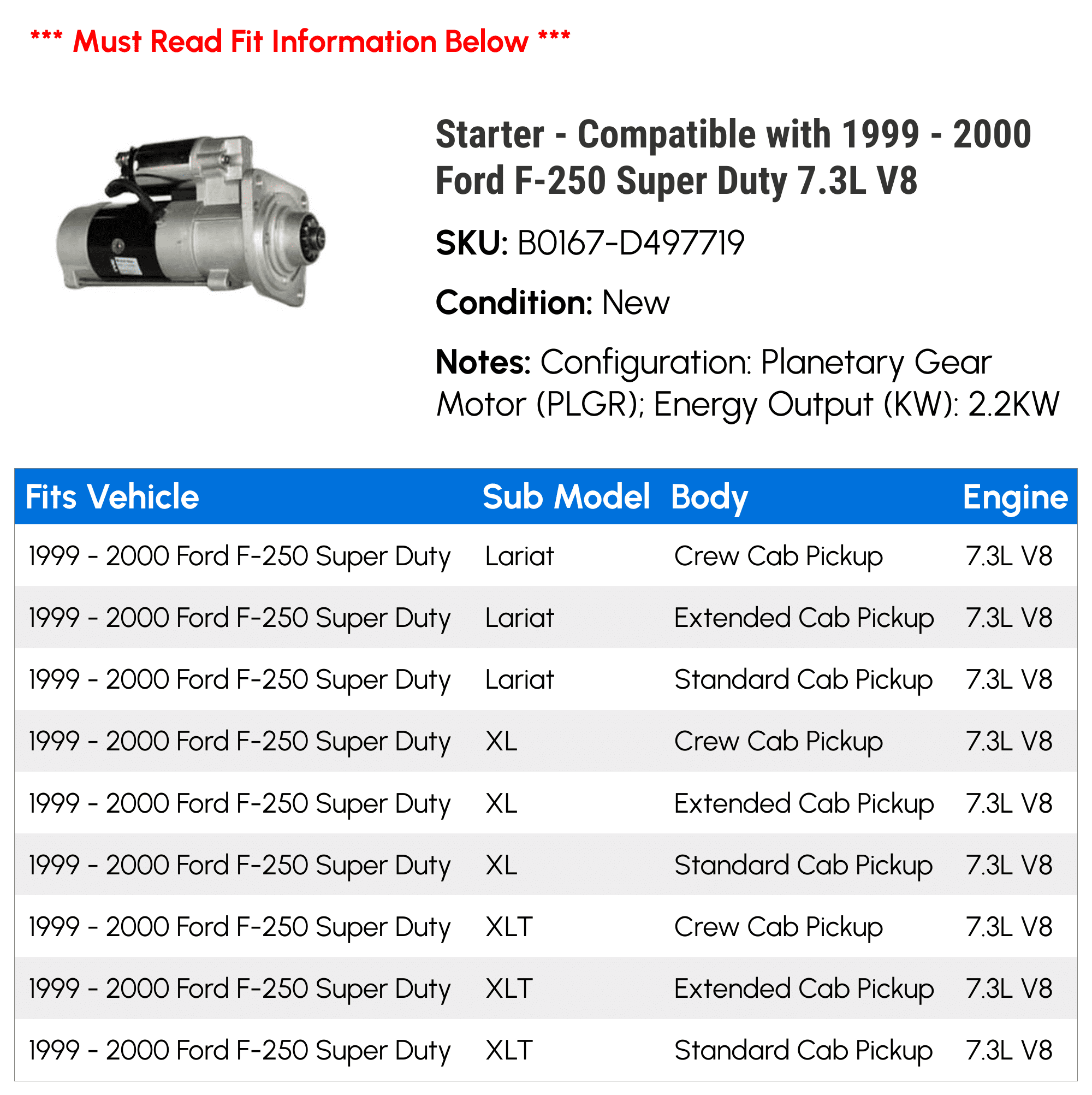 Starter - Compatible with 1999 - 2000 Ford F-250 Super Duty 7.3L V8