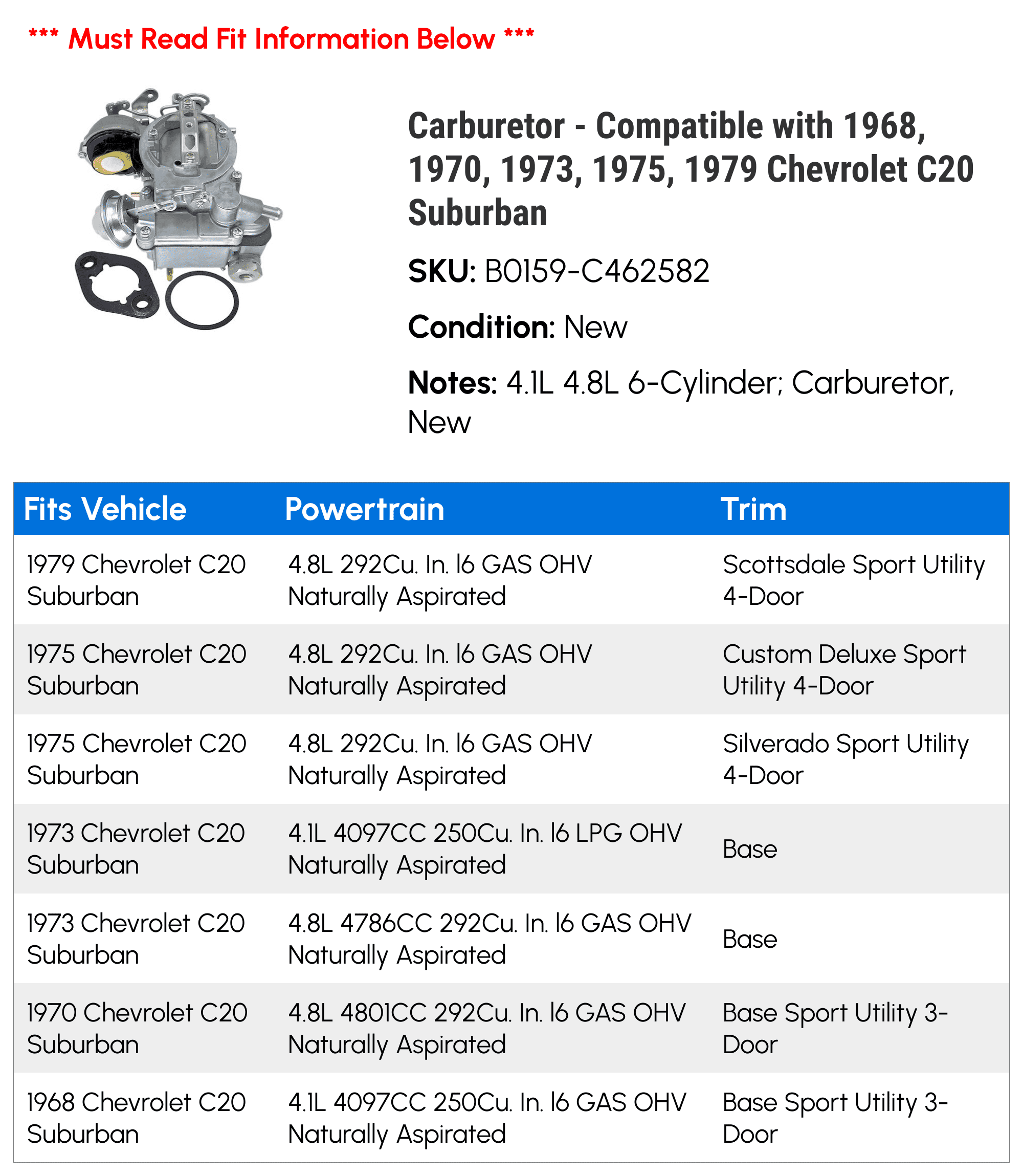 Carburetor - Compatible with 1968, 1970, 1973, 1975, 1979 Chevy C20 Suburban