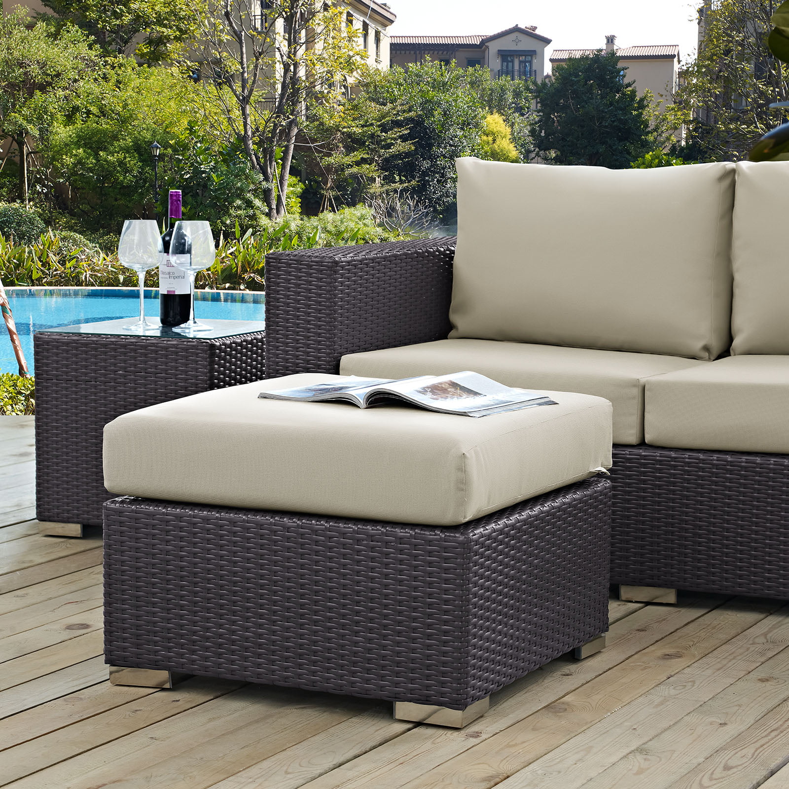 Modern Contemporary Urban Design Outdoor Patio Balcony Square Ottoman, Beige, Rattan