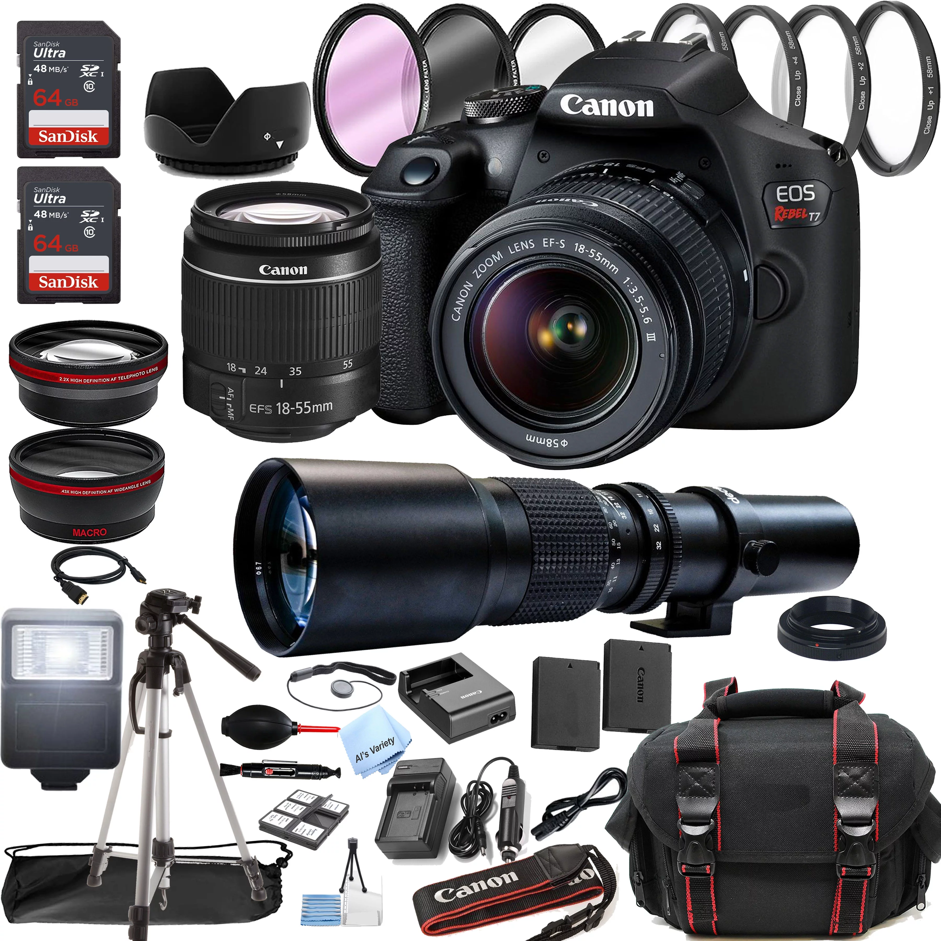 Canon EOS Rebel T7 DSLR Camera w/18-55mm + 500mm Preset Lens + 128GB Memory + Case + Tripod + Filters -38pc Bundle